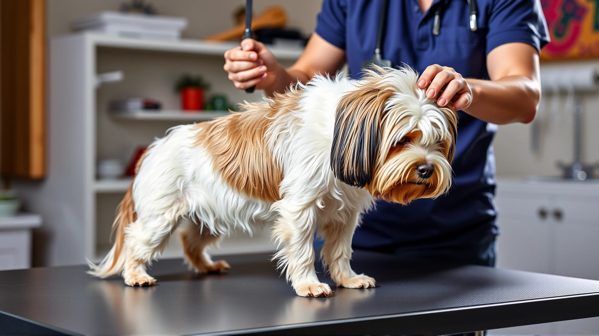 Bright indoor scene of an owner brushing a Dorgi on a grooming table, highlighting good care practices.