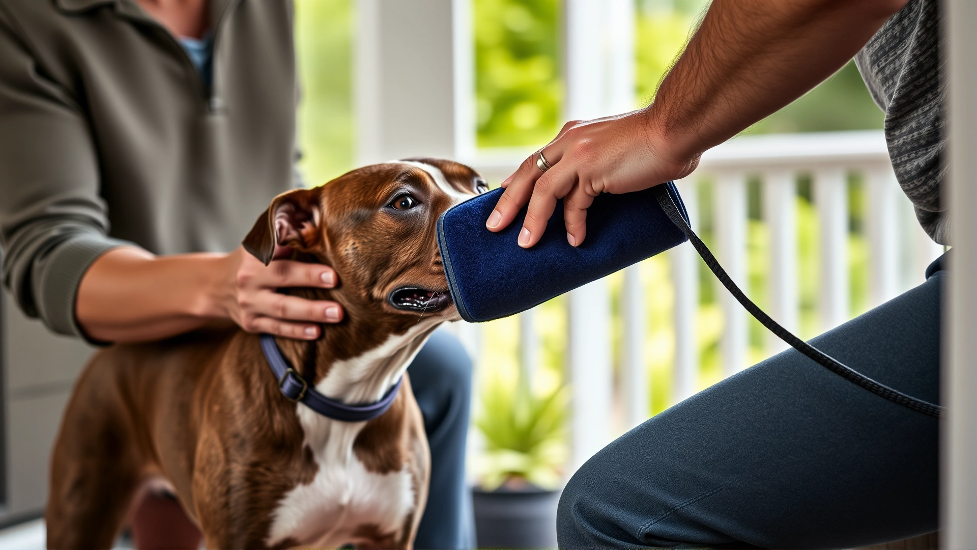 Owner brushing the short coat of an American Pit Bull Terrier with a rubber grooming mitt on a porch