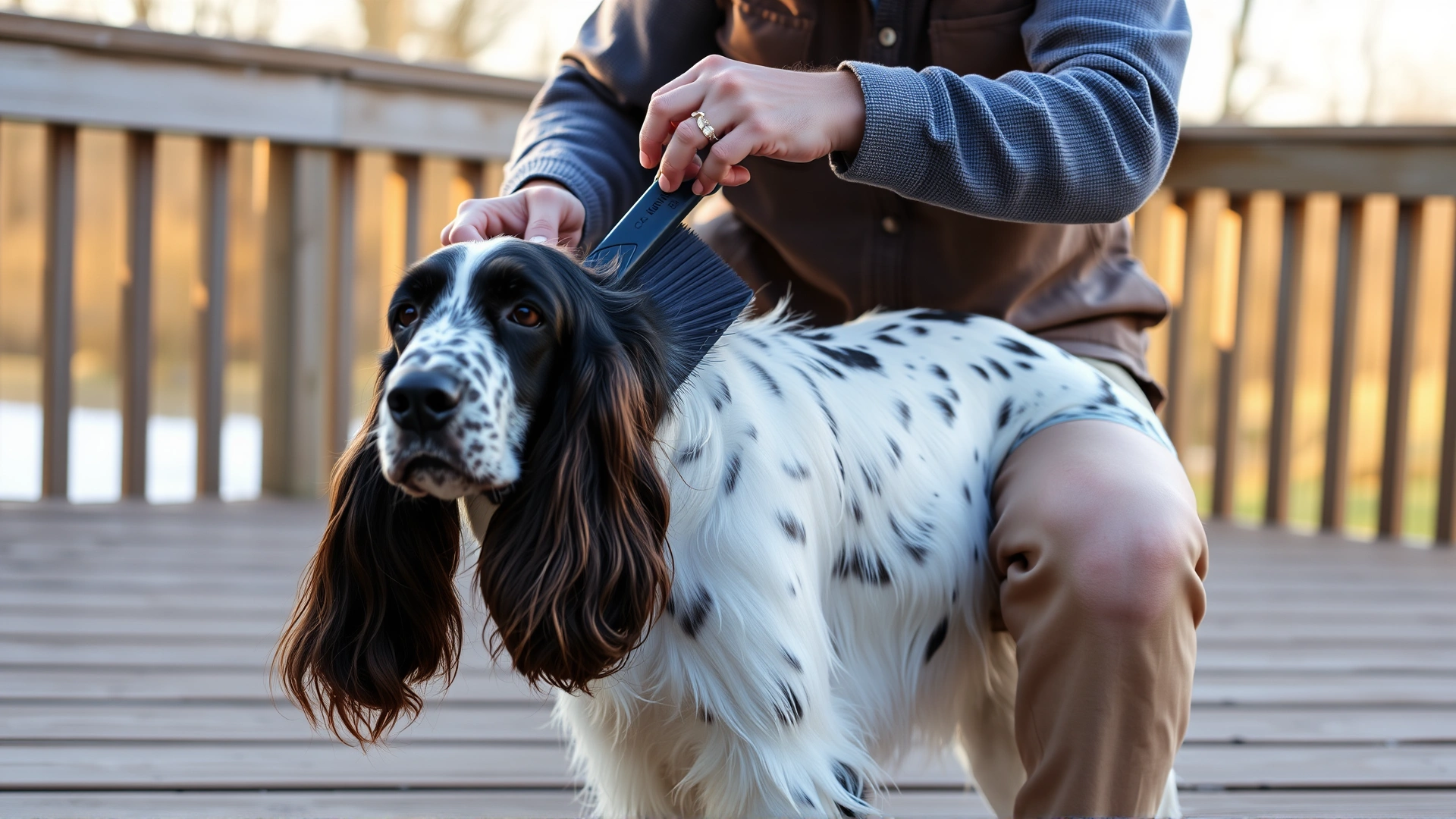 Owner brushing an English Setter's silky coat on a wooden deck in soft morning light; the dog looks relaxed; no text