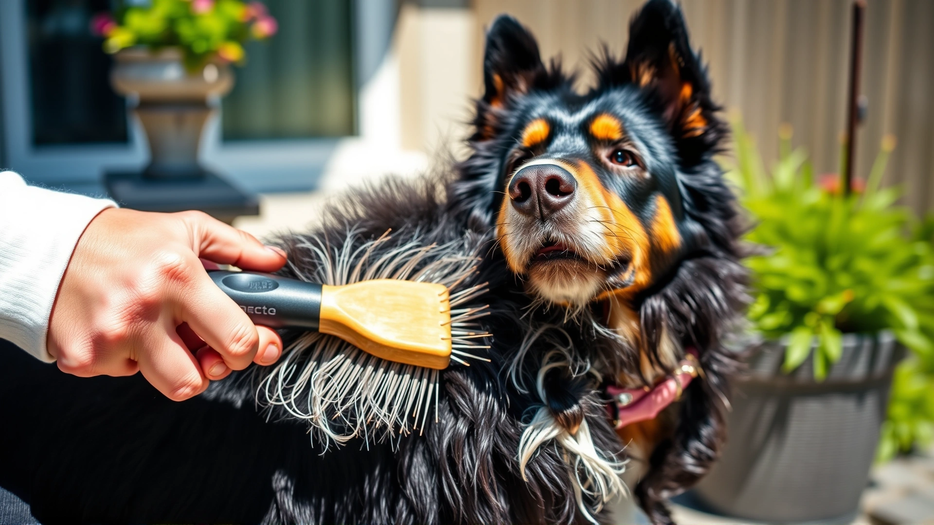 Close-up of a person brushing the short double coat of an Entlebucher Mountain Dog on a sunny patio, loose fur visible on the brush.