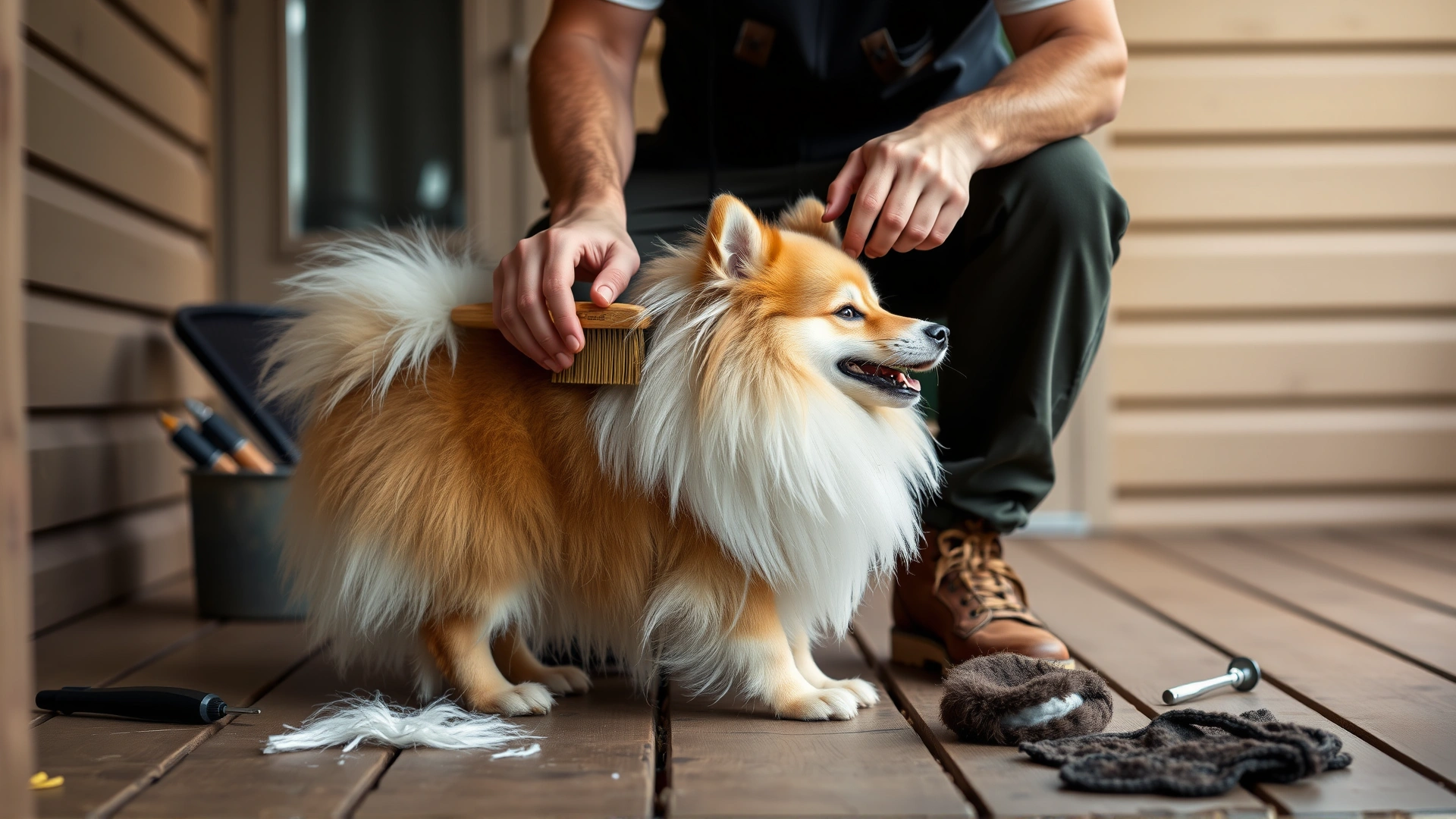 Owner brushing a Finnish Spitz on a wooden porch; grooming tools and loose fur visible