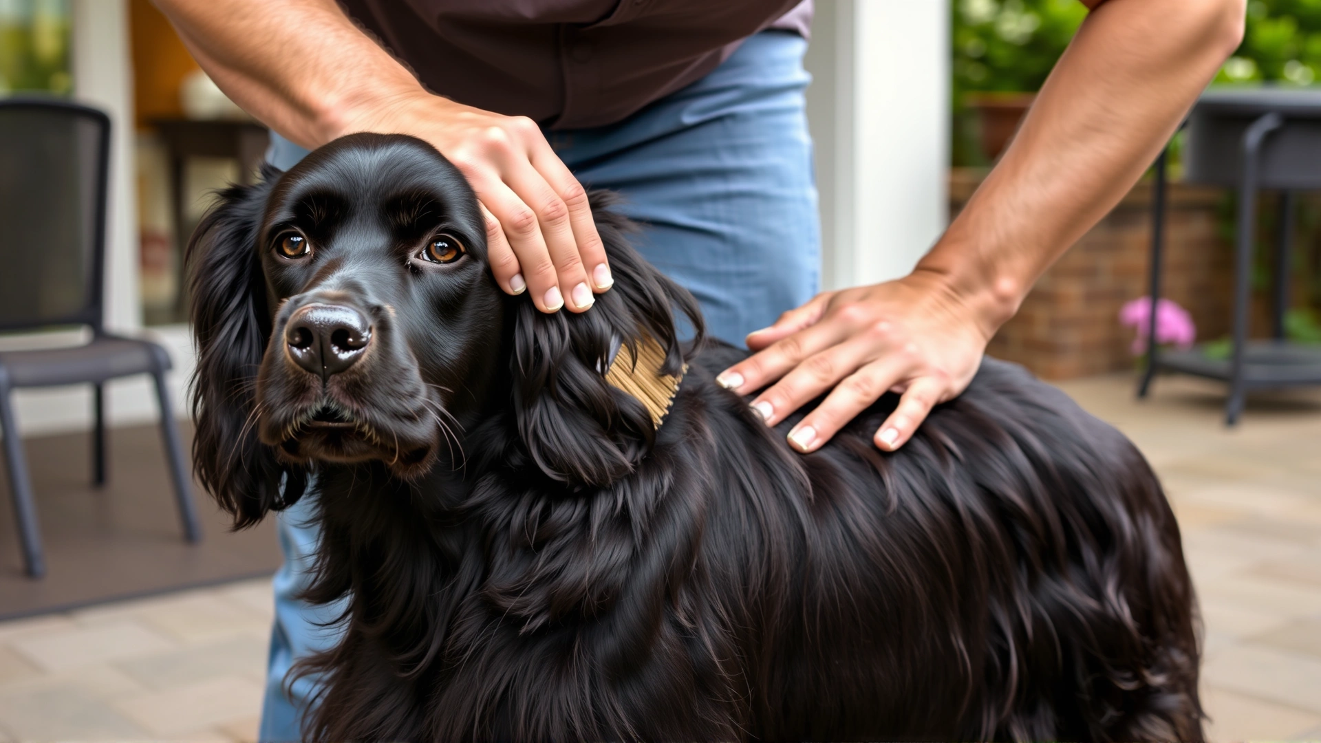 Owner brushing the shiny coat of a Flat-Coated Retriever on a patio, emphasizing grooming needs
