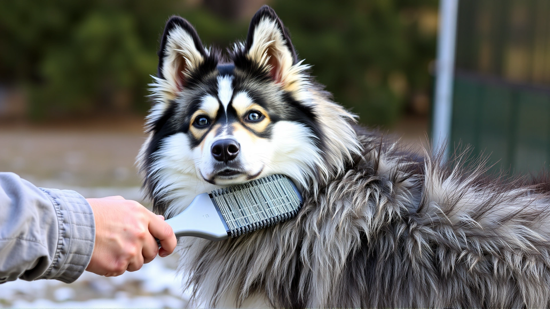 Owner brushing a Gerberian Shepsky's coat outdoors during shedding season, fur visible on brush.
