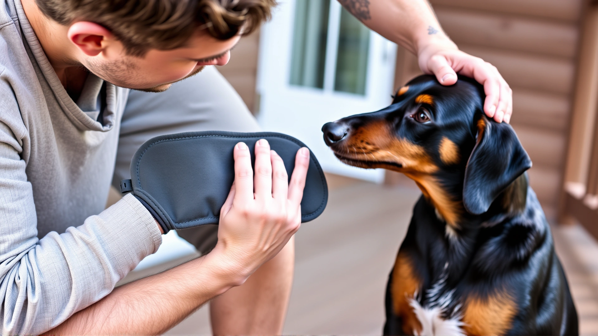 Owner gently brushing a German Pinscher with a grooming mitt on a wooden porch in natural daylight.