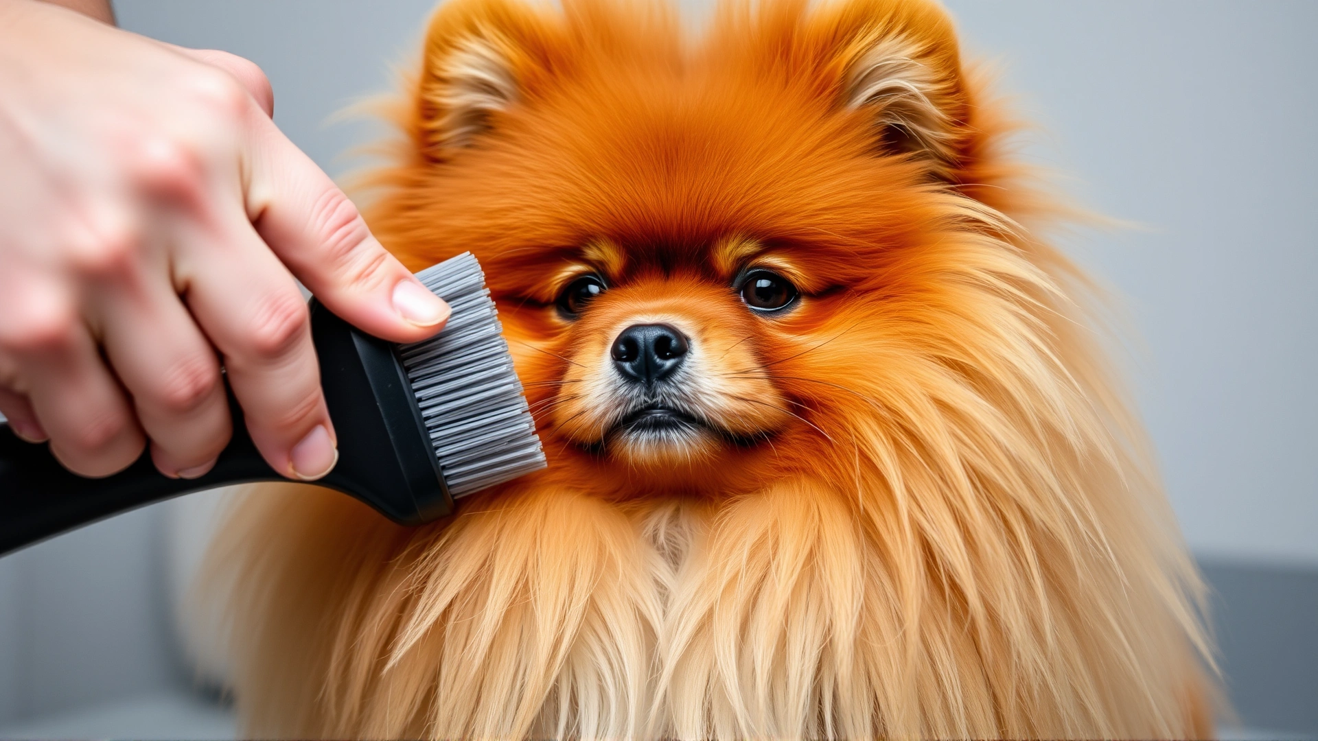 Close-up of hands using a slicker brush on an orange German Spitz coat, emphasizing texture and grooming care.