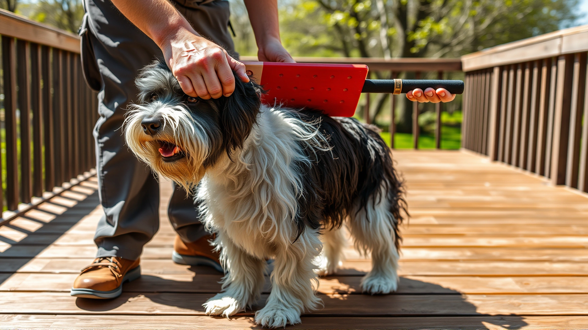 Person using an undercoat rake to brush a shedding Goberian on a wooden deck during a sunny spring afternoon.
