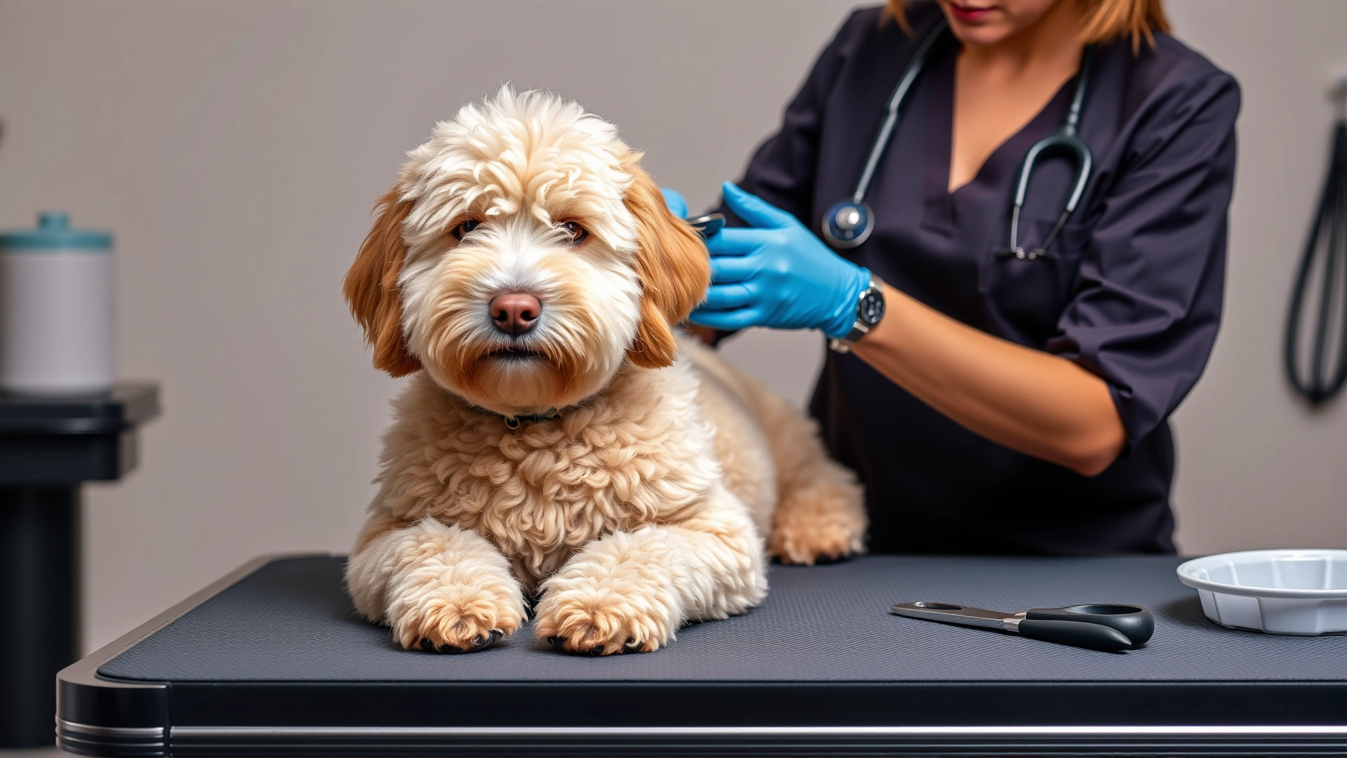 Professional groomer brushing a Goldendoodle on a grooming table, showing tools and the dog’s calm expression.