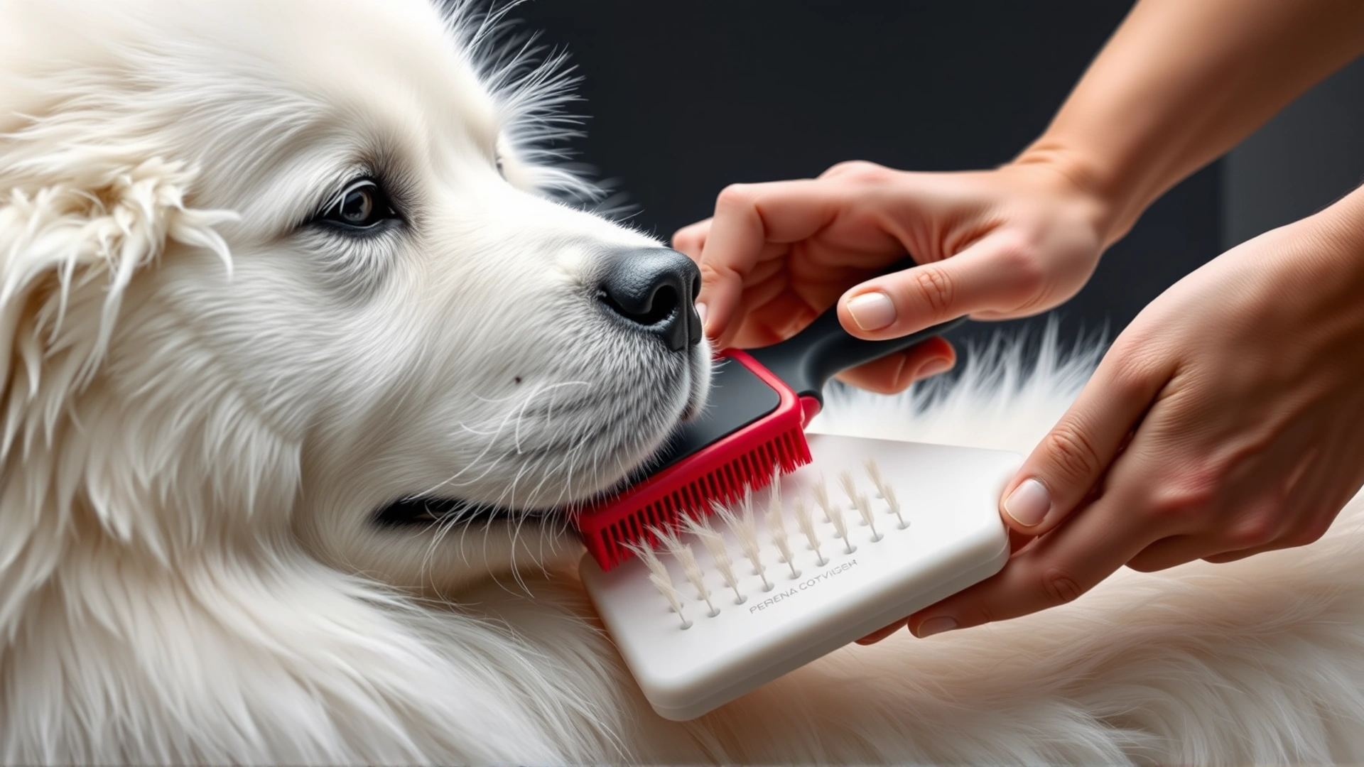 Close-up of hands brushing the thick white coat of a Great Pyrenees with grooming tools visible.