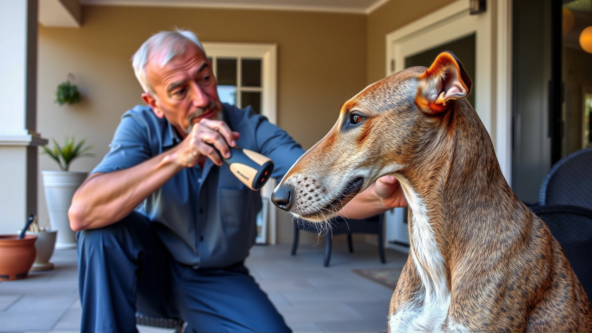 Owner calmly brushing short-haired Ibizan Hound on a patio, loose fur visible on the brush.