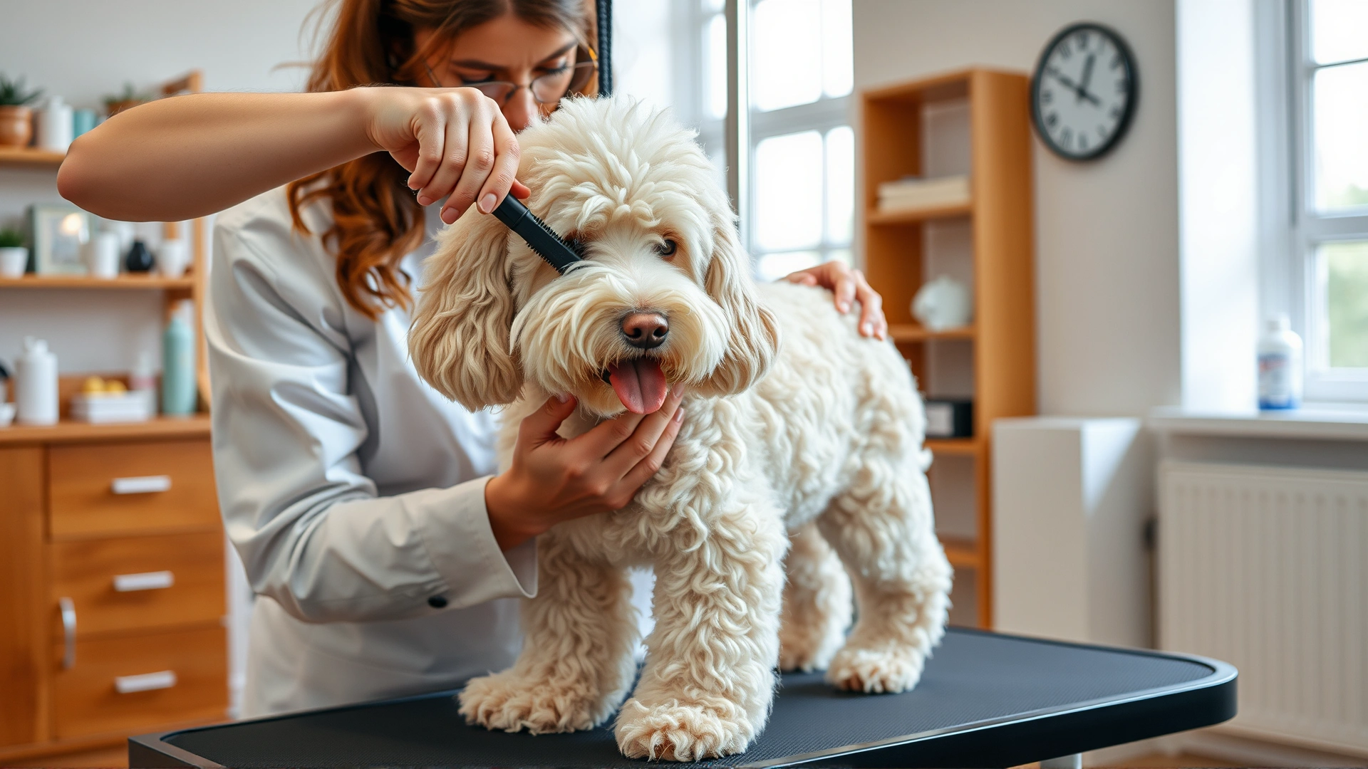A professional groomer carefully brushing the wavy coat of an Irish Doodle on a grooming table in a bright salon.