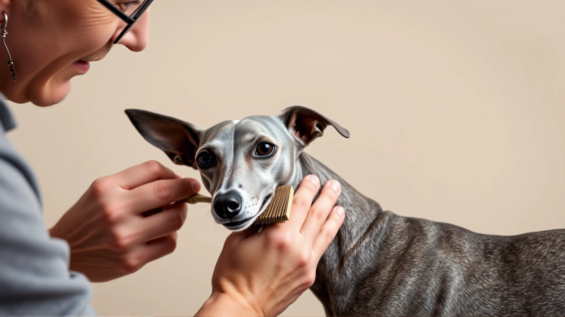 Owner gently brushing the short coat of an Italian Greyhound with a soft bristle brush against a neutral backdrop