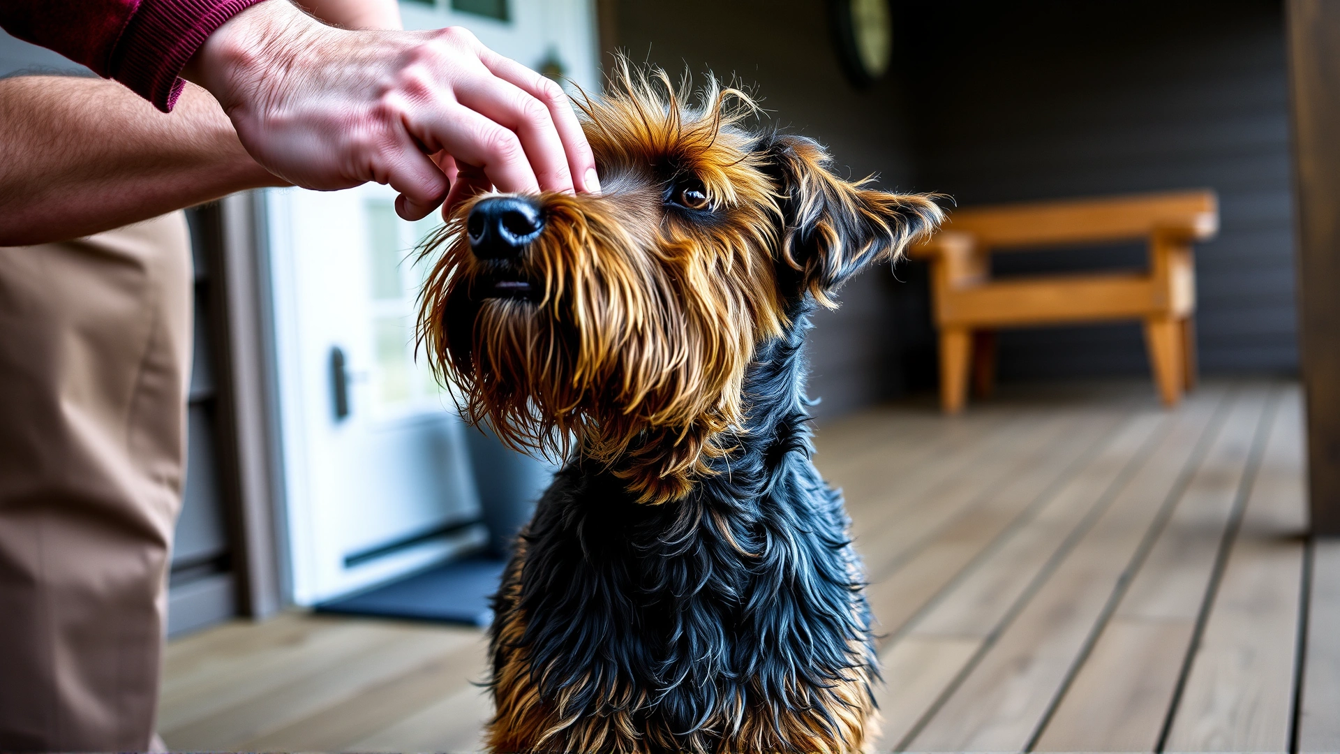 A Jagdterrier being brushed by its owner on a wooden porch, focus on the dog's dense, wiry coat.
