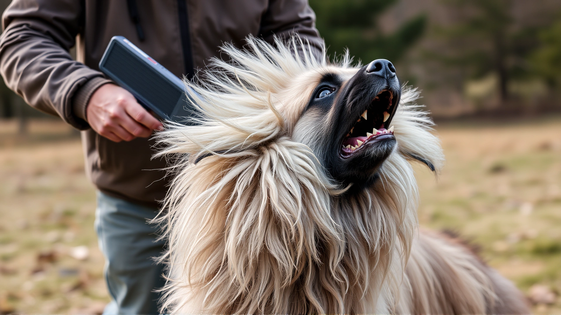 Owner brushing the thick double coat of an Anatolian Shepherd outdoors, fur flying to show seasonal shedding.