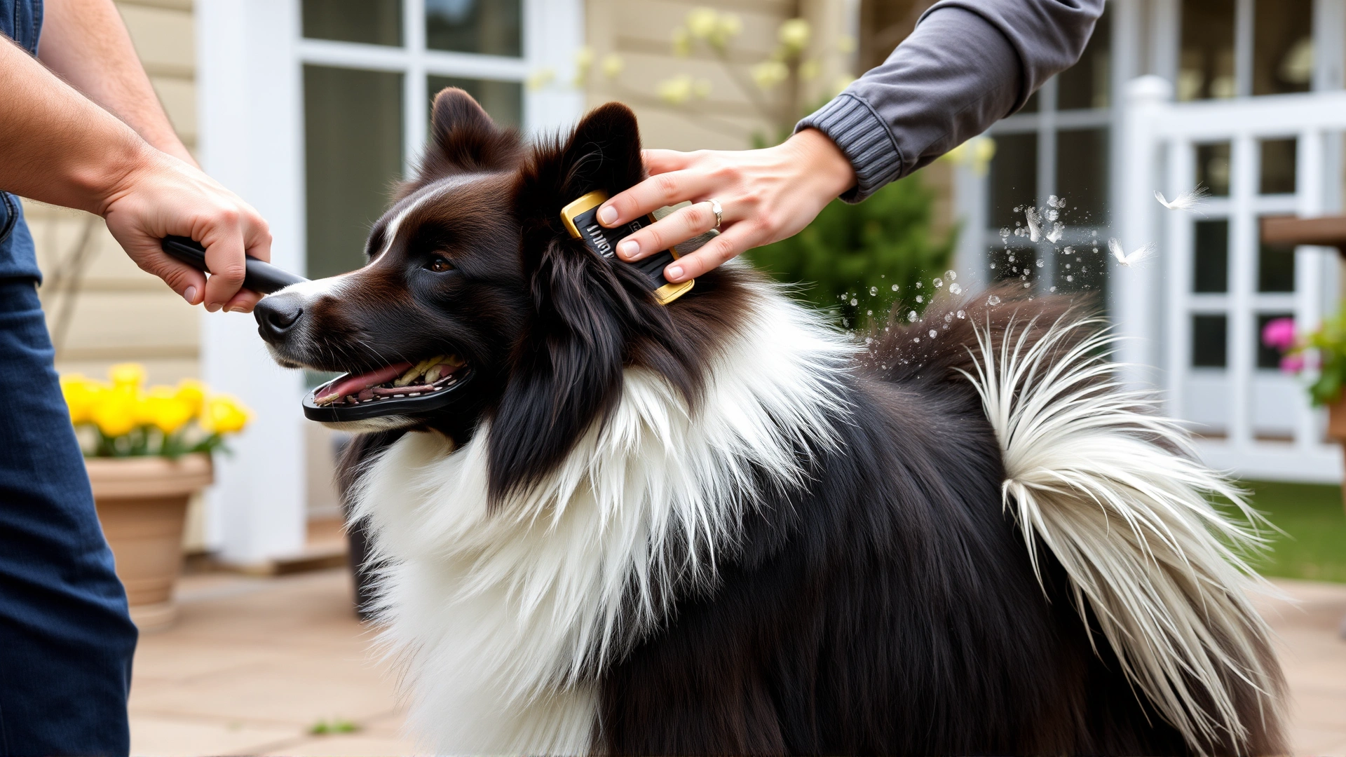 Owner brushing the thick double coat of a Karelian Bear Dog on a patio during spring; loose fur floating in the air