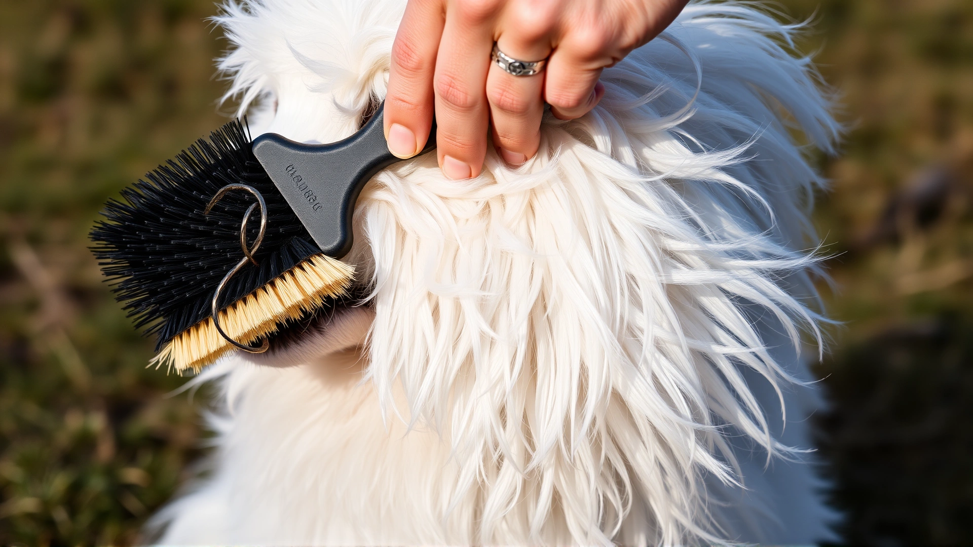 Close-up of hands brushing the thick white coat of a Kuvasz with a slicker brush outdoors, fur flying gently in the wind, no text
