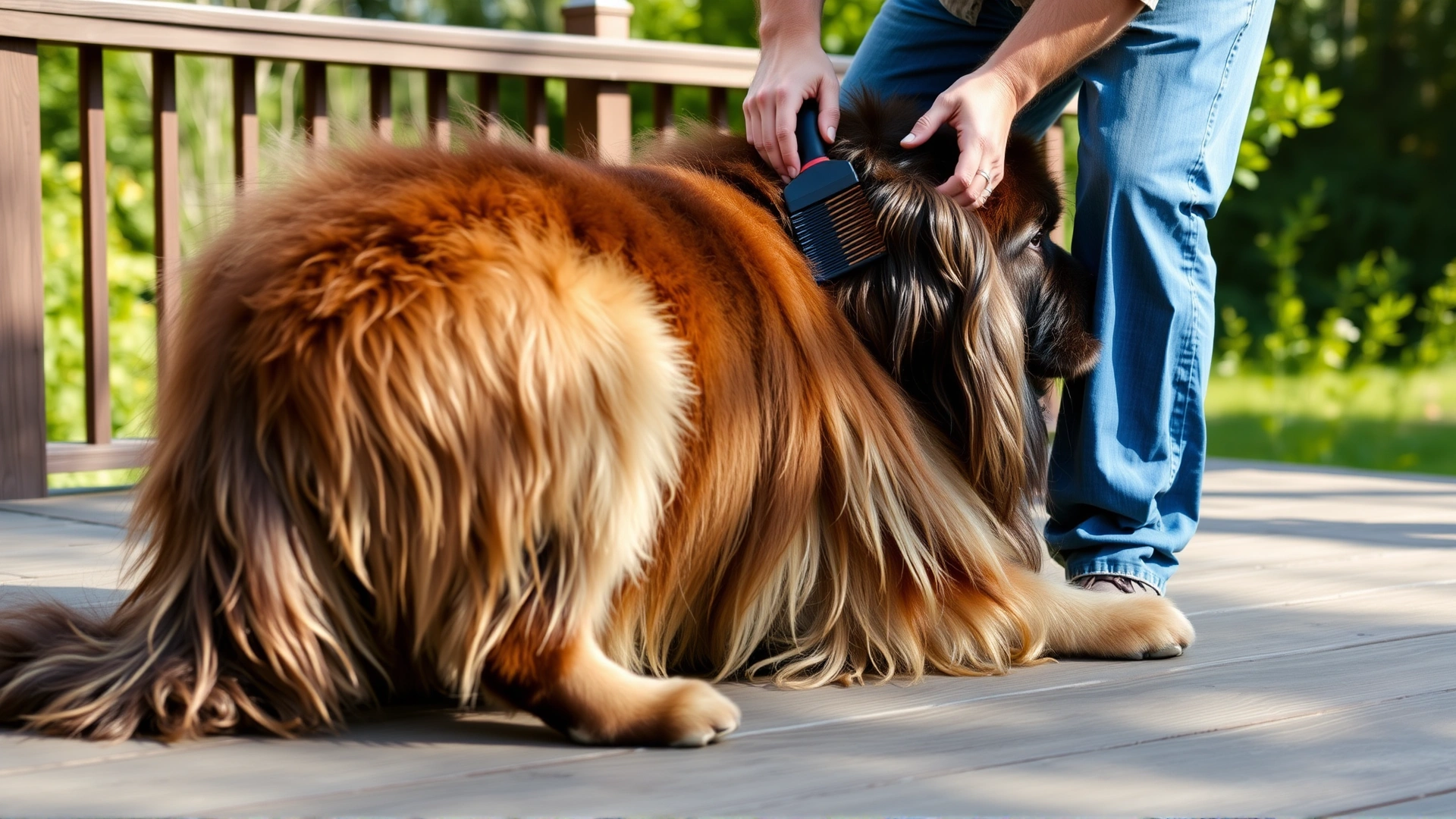 Owner brushing a Leonberger’s thick double coat on a wooden deck, loose fur visible, sunny afternoon