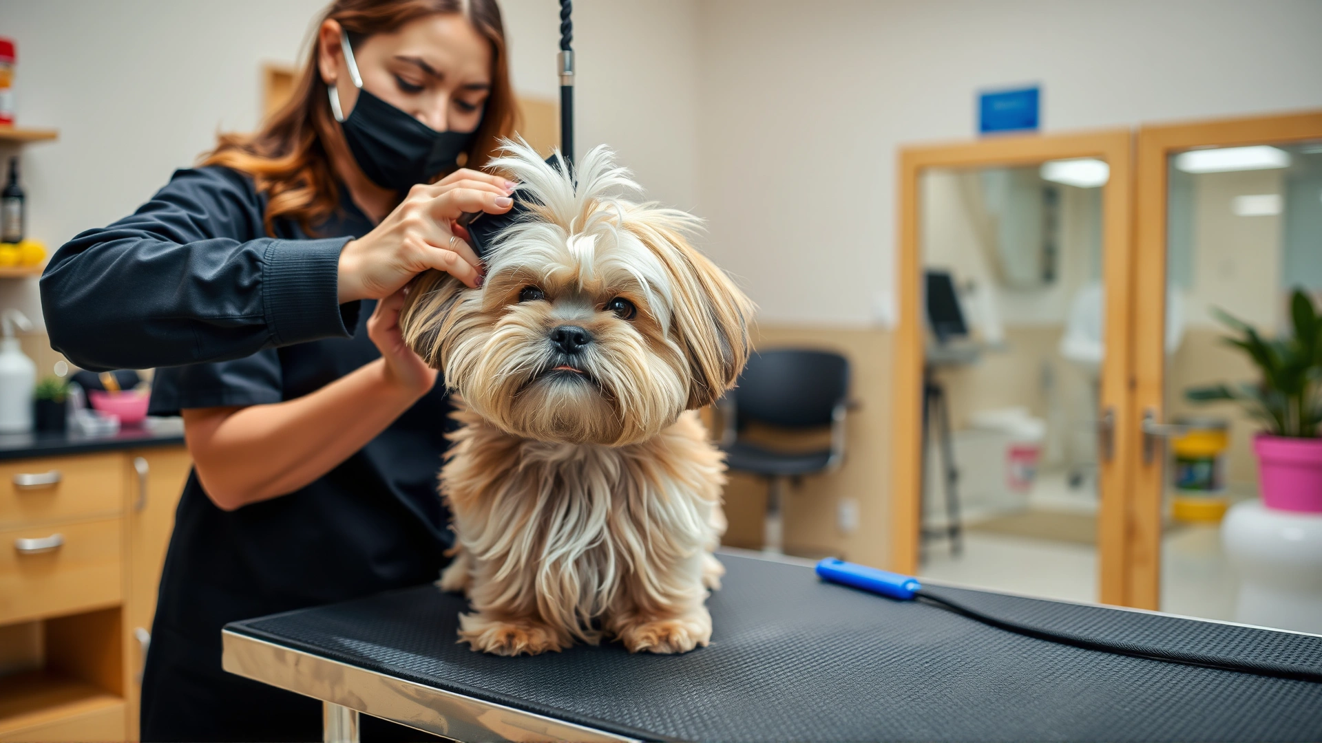 Photo of a professional groomer brushing a Lhasa Apso on a grooming table, bright pet salon environment