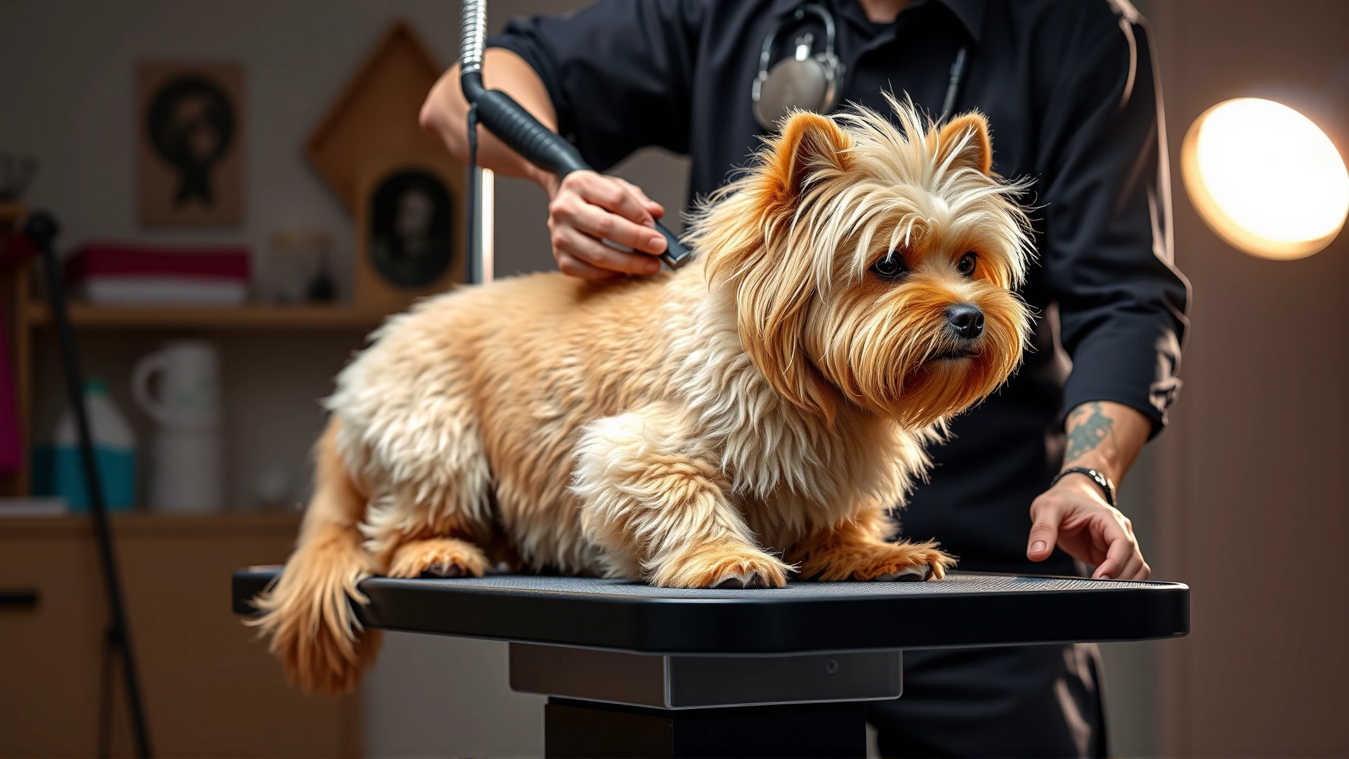 A professional groomer brushing a Lowchen dog on a grooming table, highlighting the lion cut, indoor studio lighting