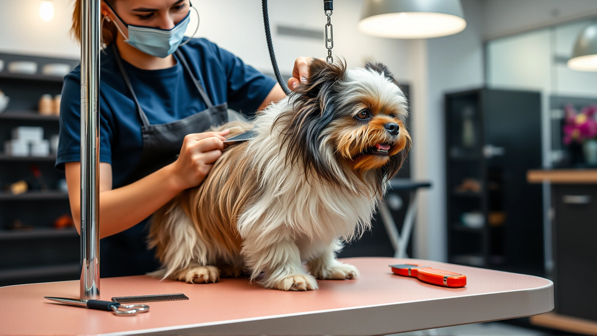 Pet groomer brushing a Malshi dog on a grooming table; grooming tools like comb and scissors visible; bright, modern pet salon environment