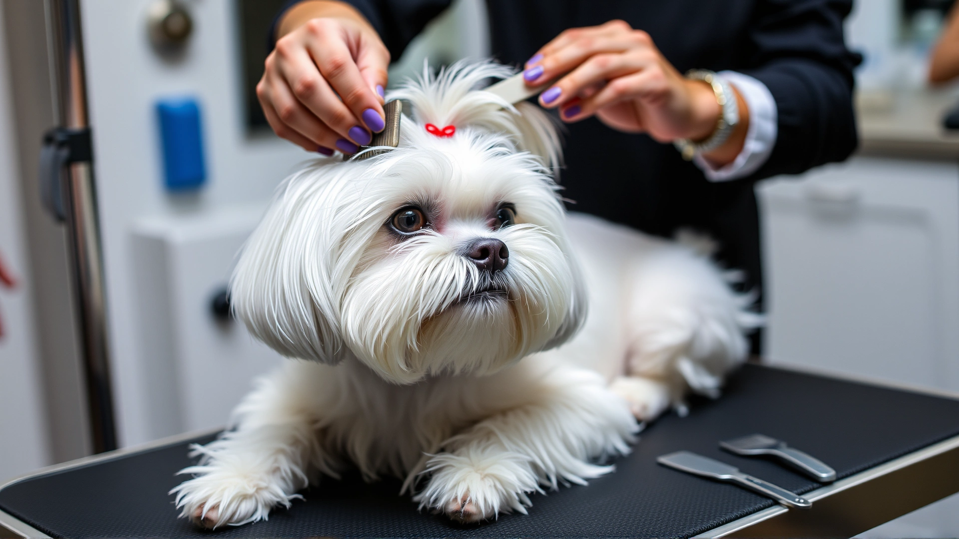 A Maltese dog being gently brushed on a grooming table, with combs and grooming tools visible.