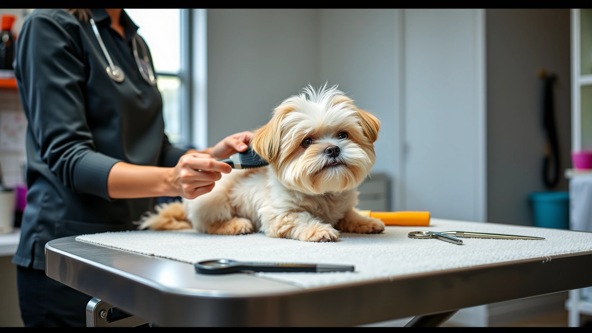 Professional groomer brushing a Maltipoo on a grooming table with tools neatly arranged, focus on fluffy coat – indoor setting, bright lighting