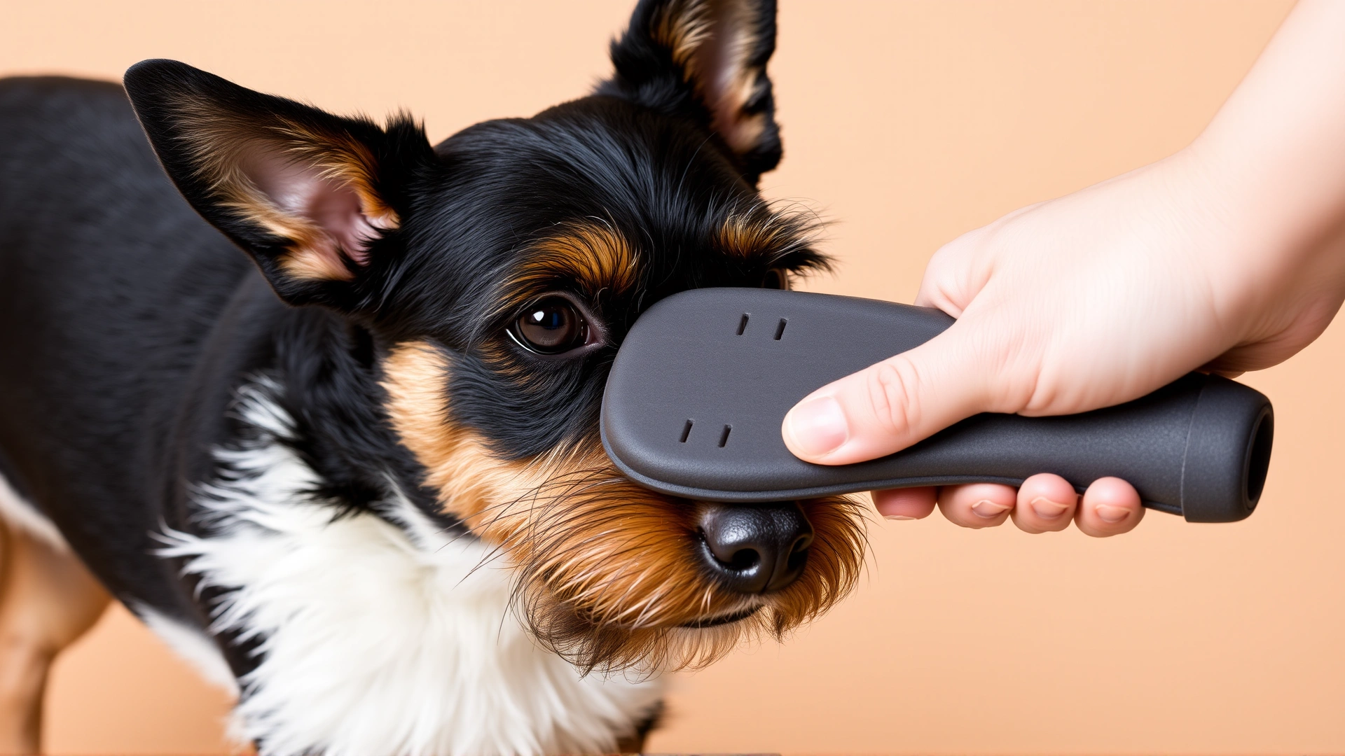 Close-up of a hand using a rubber grooming mitt to brush a Manchester Terrier's short black and tan coat, neutral beige backdrop.