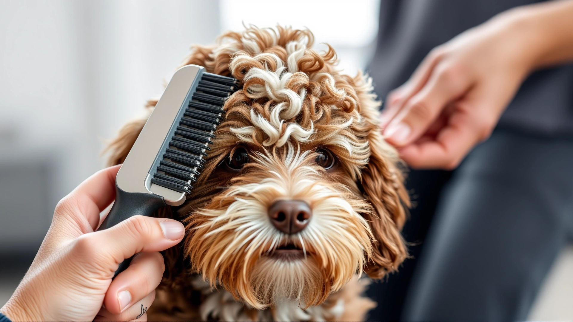 Close-up of an owner gently brushing an Aussiedoodle's curly coat with a slicker brush, highlighting proper grooming routine.
