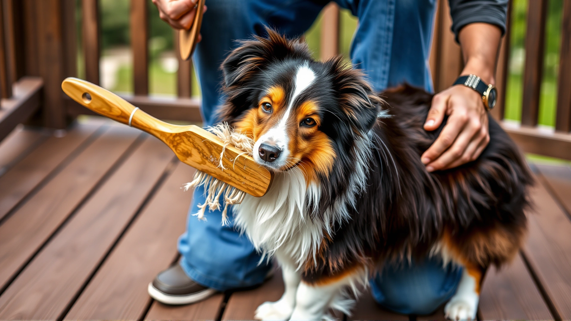 Owner brushing the thick double coat of a Miniature American Shepherd on a wooden deck, loose fur visible on the brush.