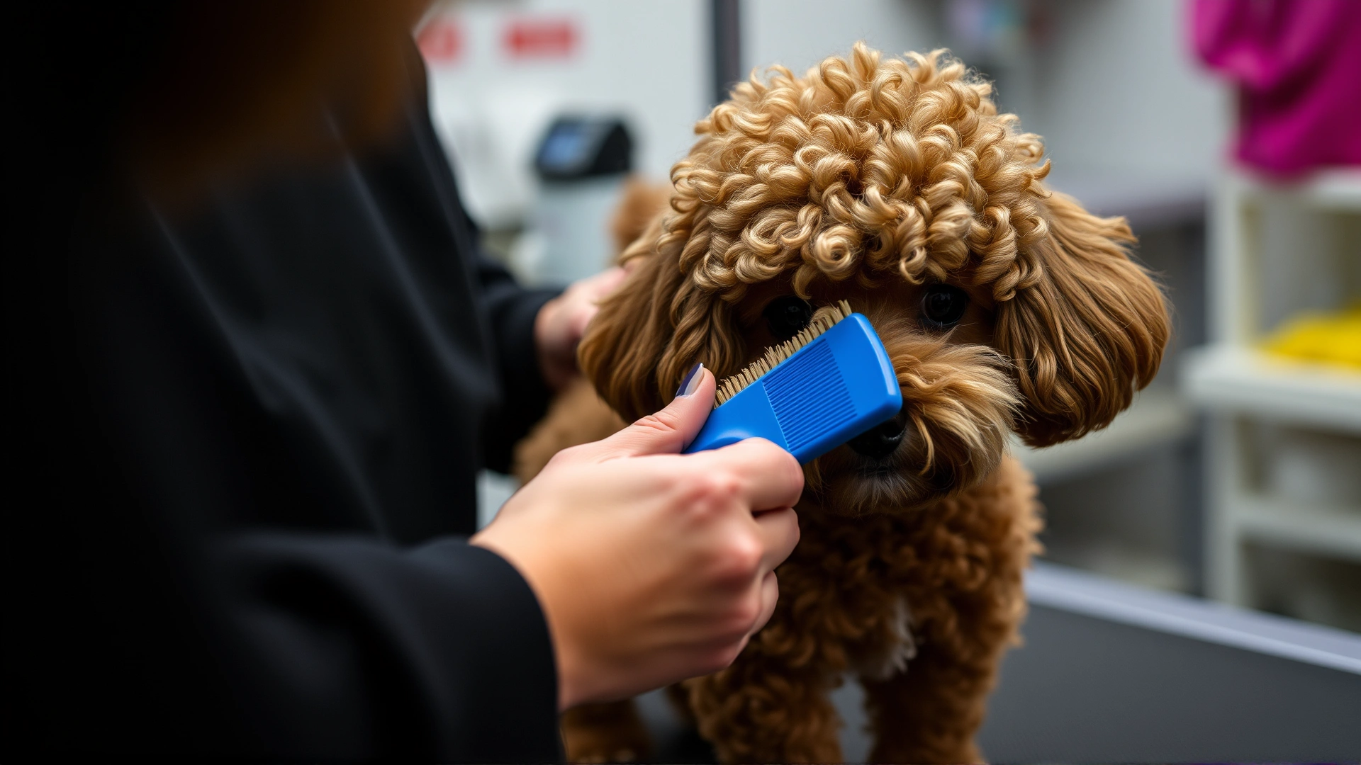 Close-up shot of a groomer gently brushing a Miniature Poodle’s curly coat on a grooming table, showcasing proper coat care.
