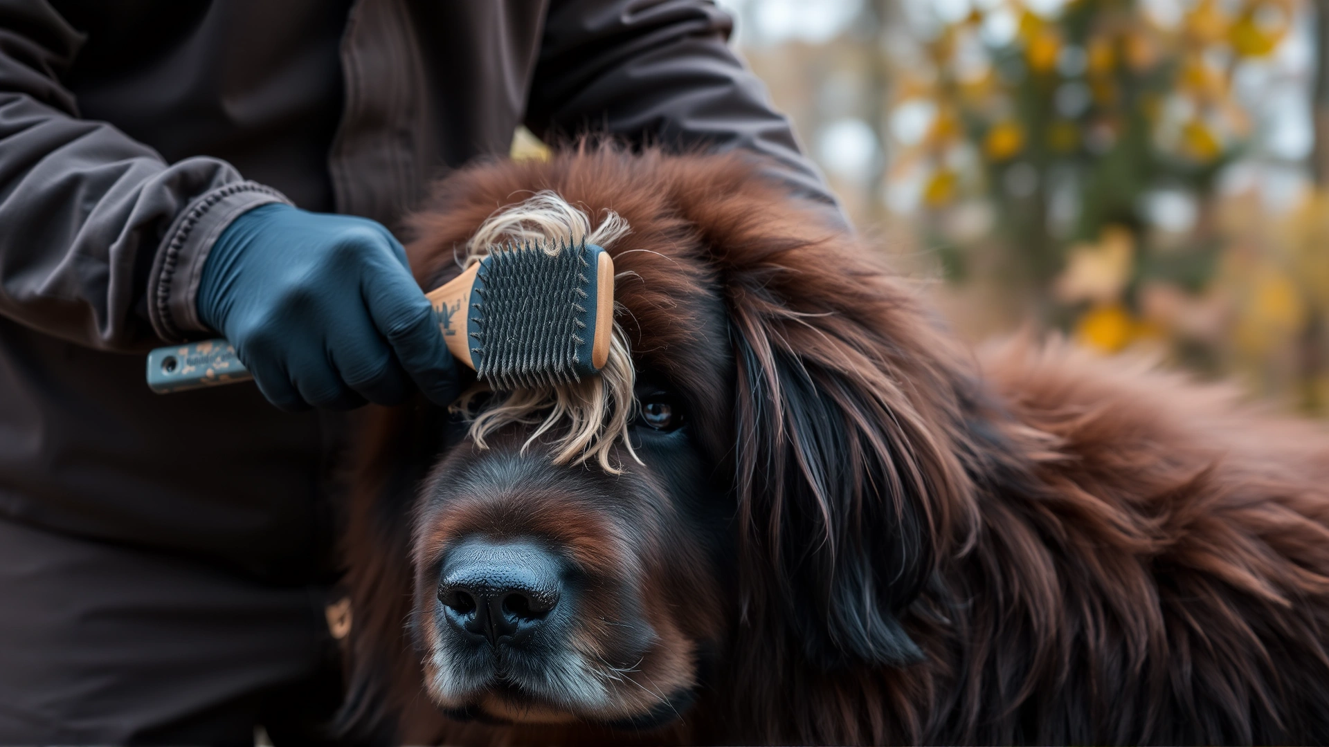 Owner brushing a Newfoundland dog's thick fur outdoors, loose hair visible on the brush, autumn background.