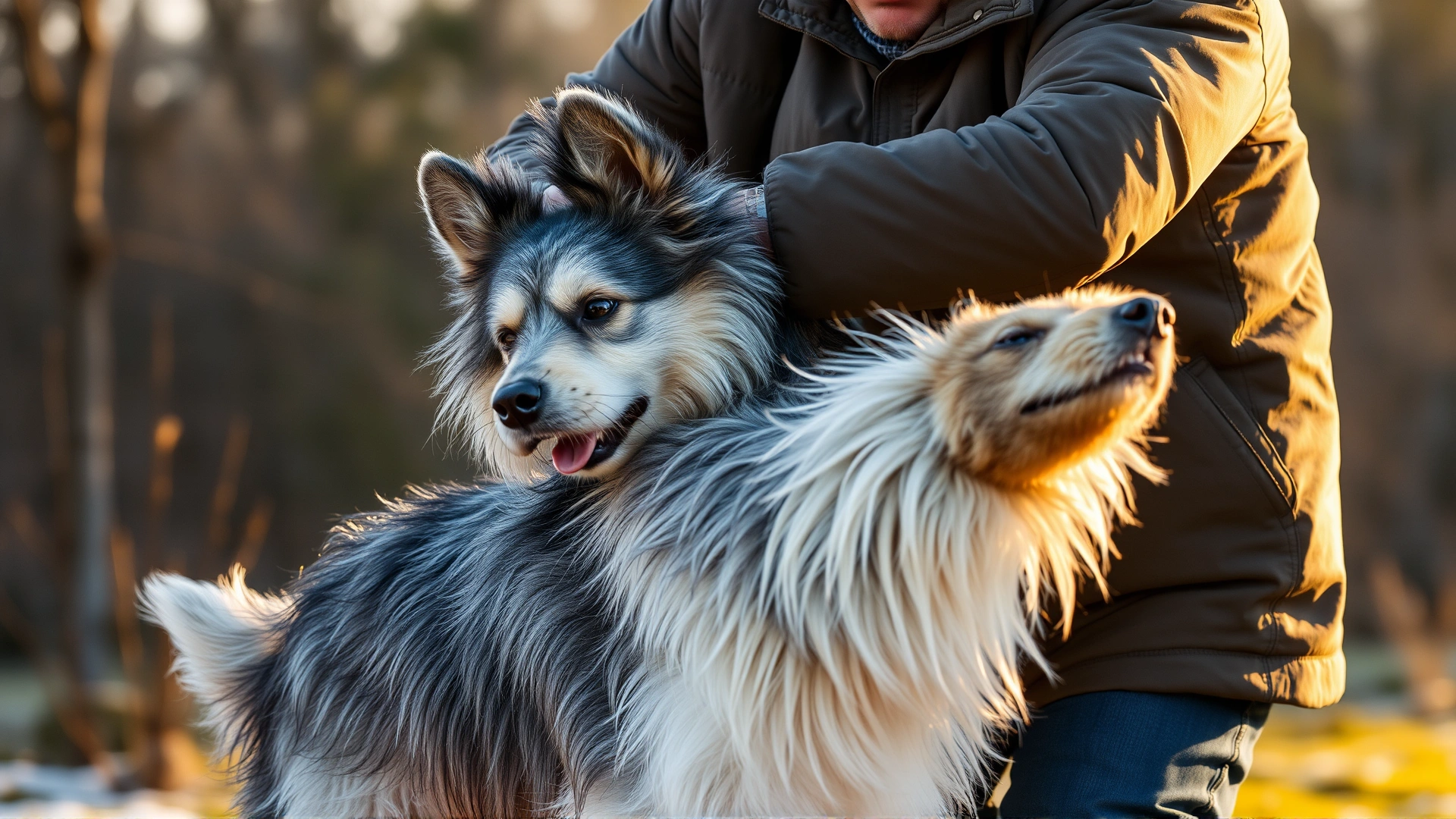 Owner brushing a Norwegian Lundehund's double coat outdoors during heavy shedding season, fur flying, warm lighting