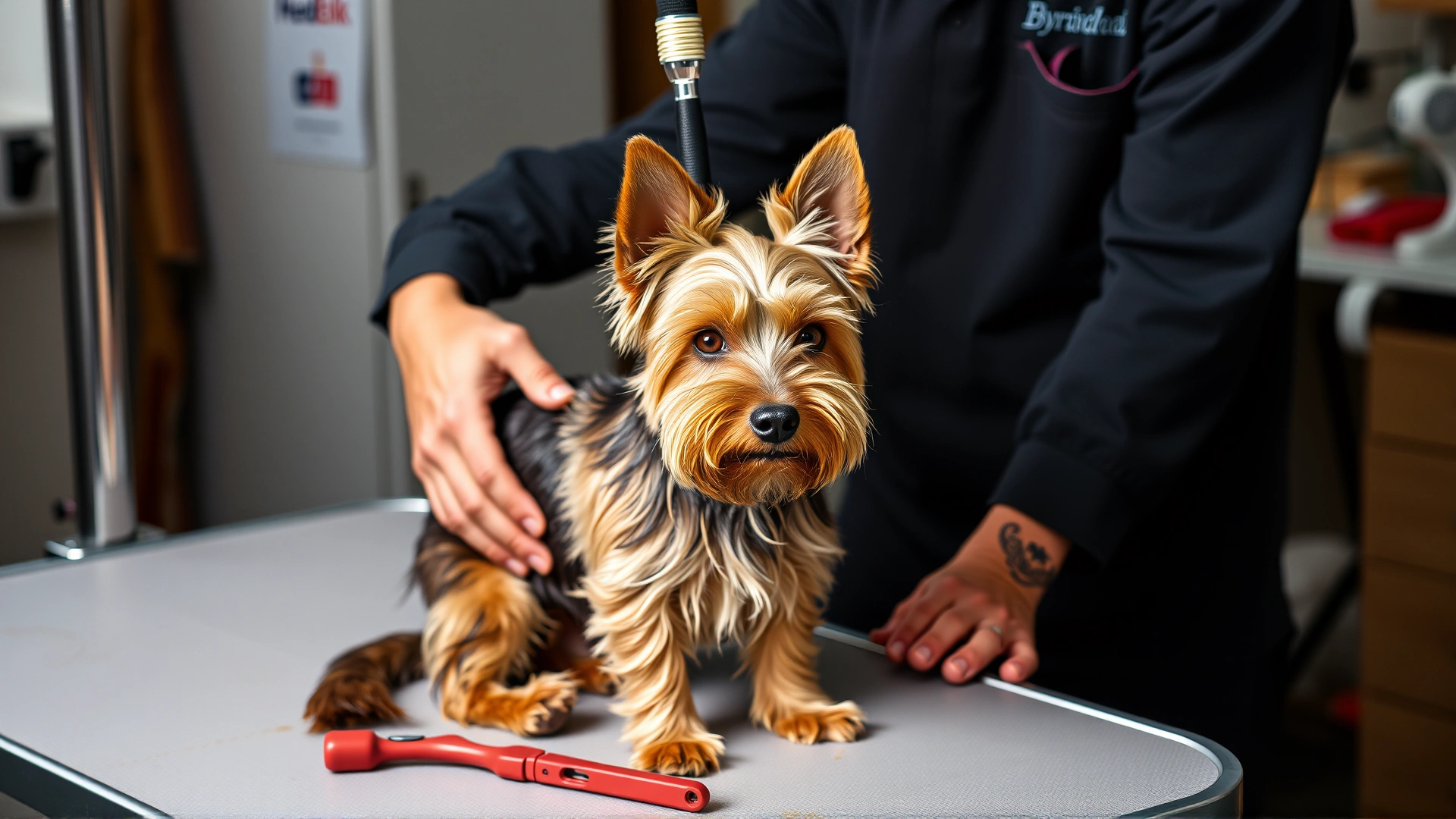 Owner hand-stripping the coat of a Norwich Terrier on a professional grooming table