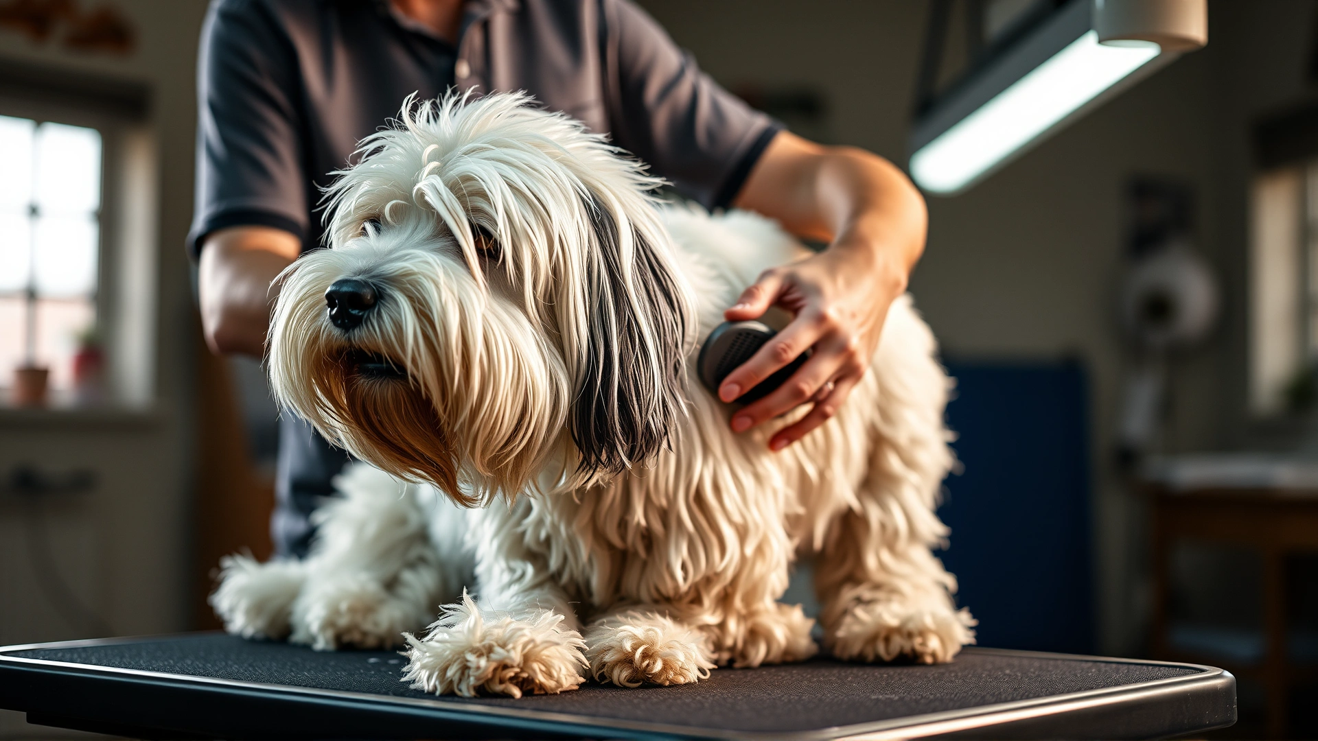 Owner gently brushing the thick coat of an Old English Sheepdog on a grooming table, soft indoor lighting, no text