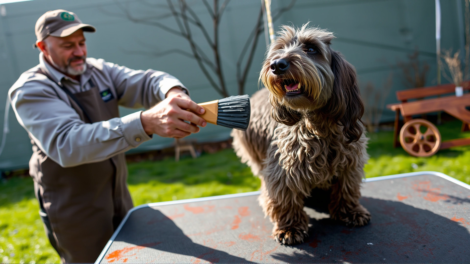 Owner brushing an Otterhound's rough double coat on a grooming table outdoors