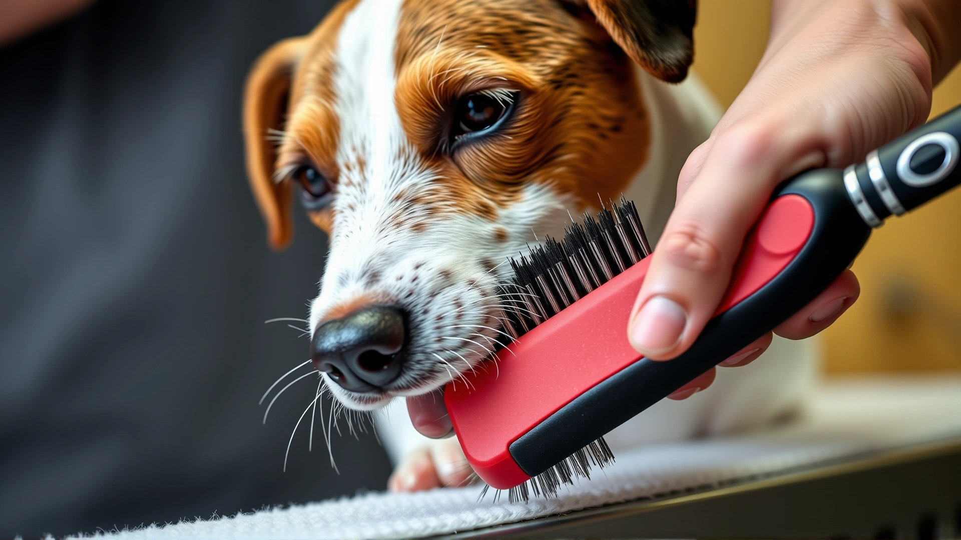 Close-up of a Parson Jack Russell Terrier being brushed with a slicker brush on a grooming table