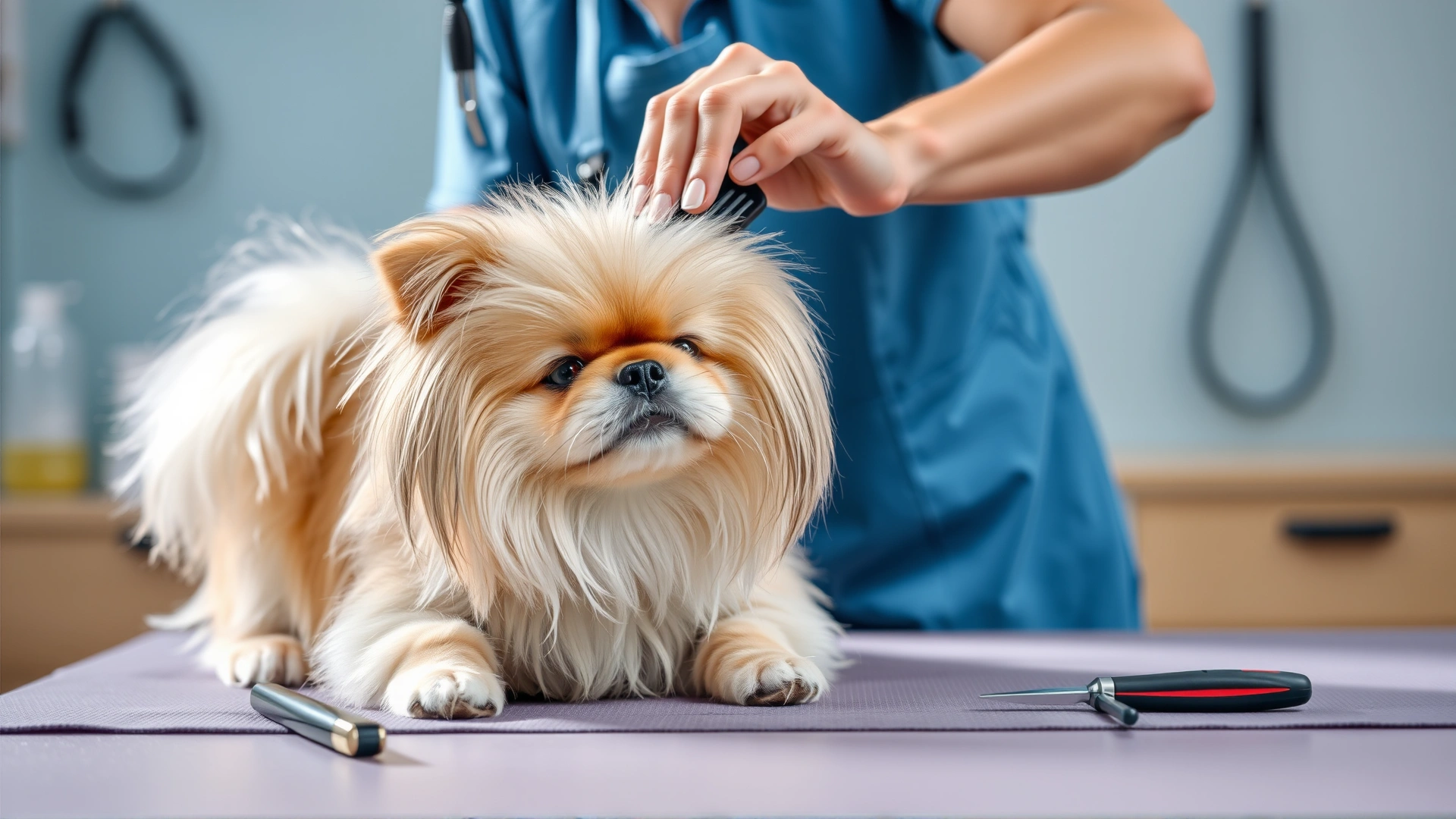Bright photo of a person gently brushing a Pekingese dog on a grooming table with grooming tools visible