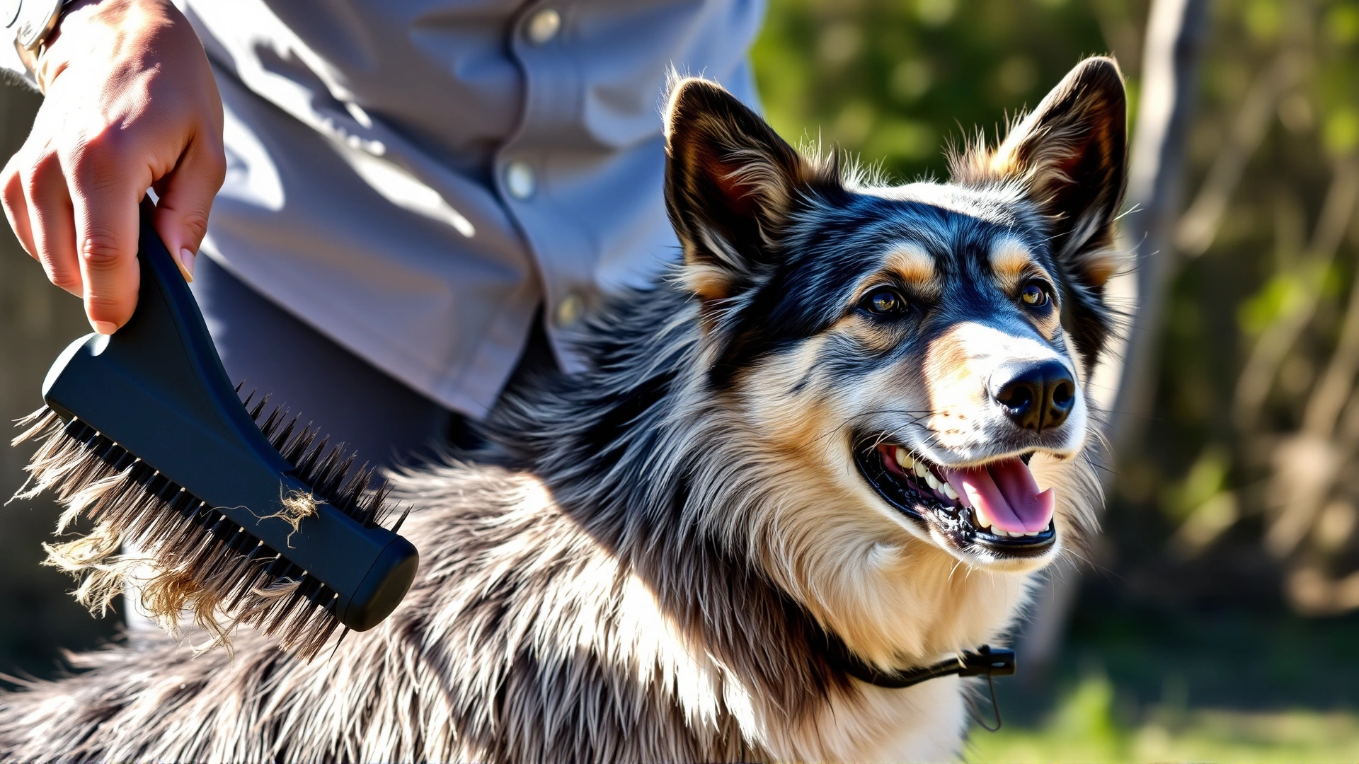 Owner brushing an Australian Cattle Dog outdoors during shedding season, tufts of loose fur visible on the brush and sunlight highlighting the coat.