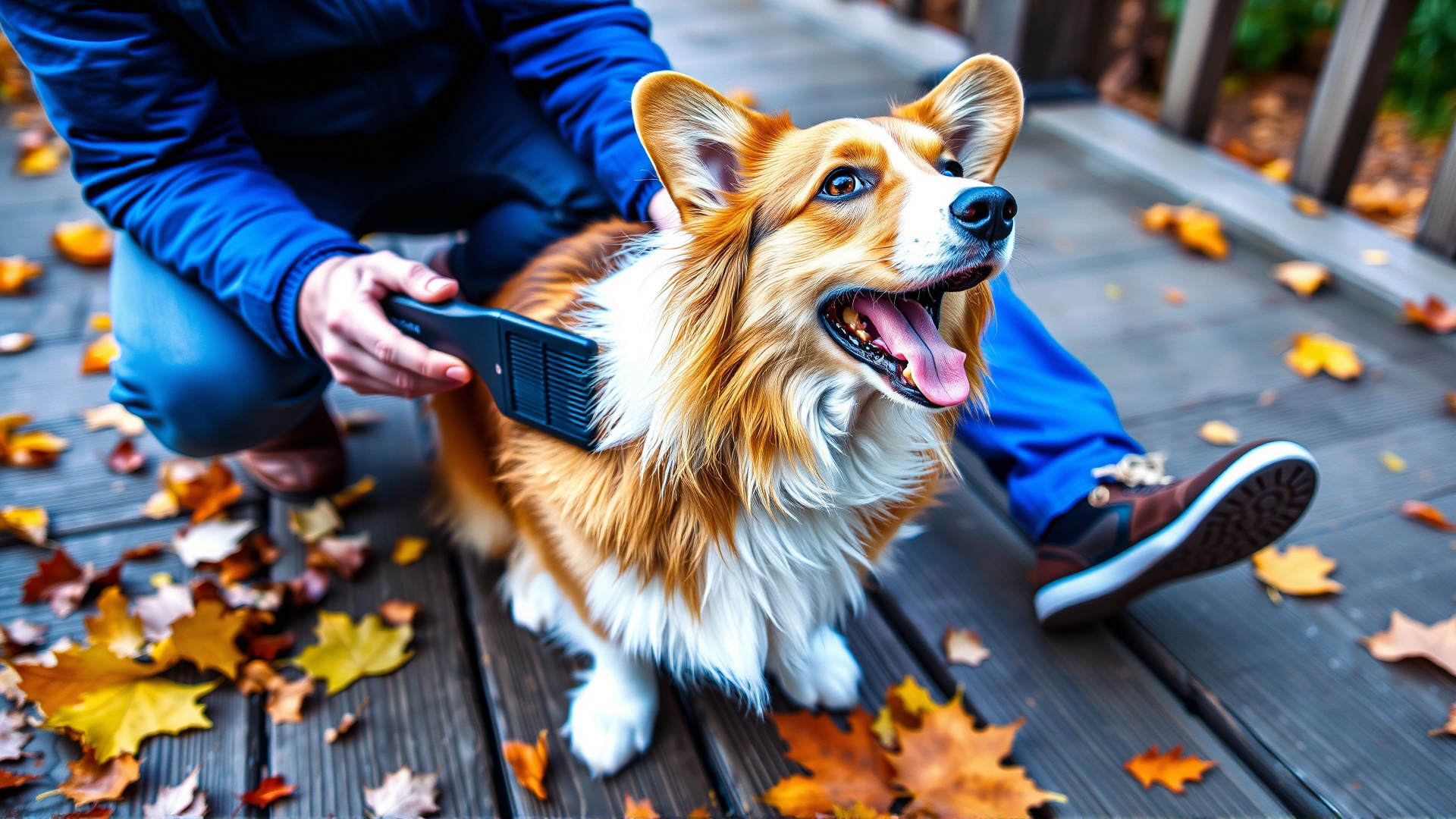 Owner gently brushing a Pembroke Welsh Corgi’s double coat on a wooden deck surrounded by autumn leaves.