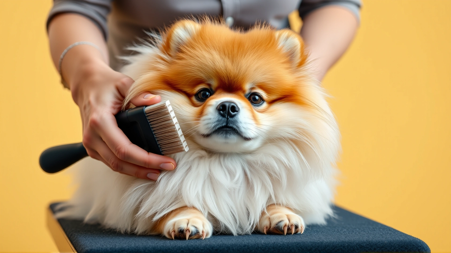 Close-up shot of hands gently brushing a Pomeranian’s fluffy coat on a grooming table, bright neutral background.