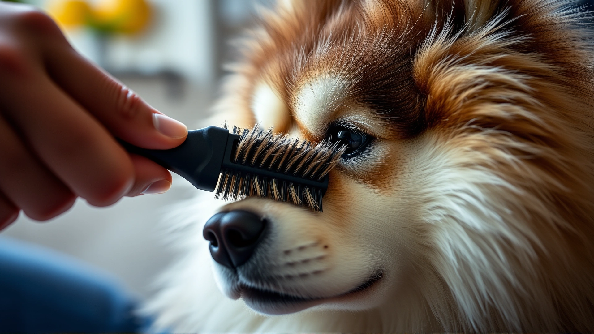 Close-up of hands brushing a Pomsky’s thick double coat with a slicker brush, loose fur visible on the bristles, indoor setting