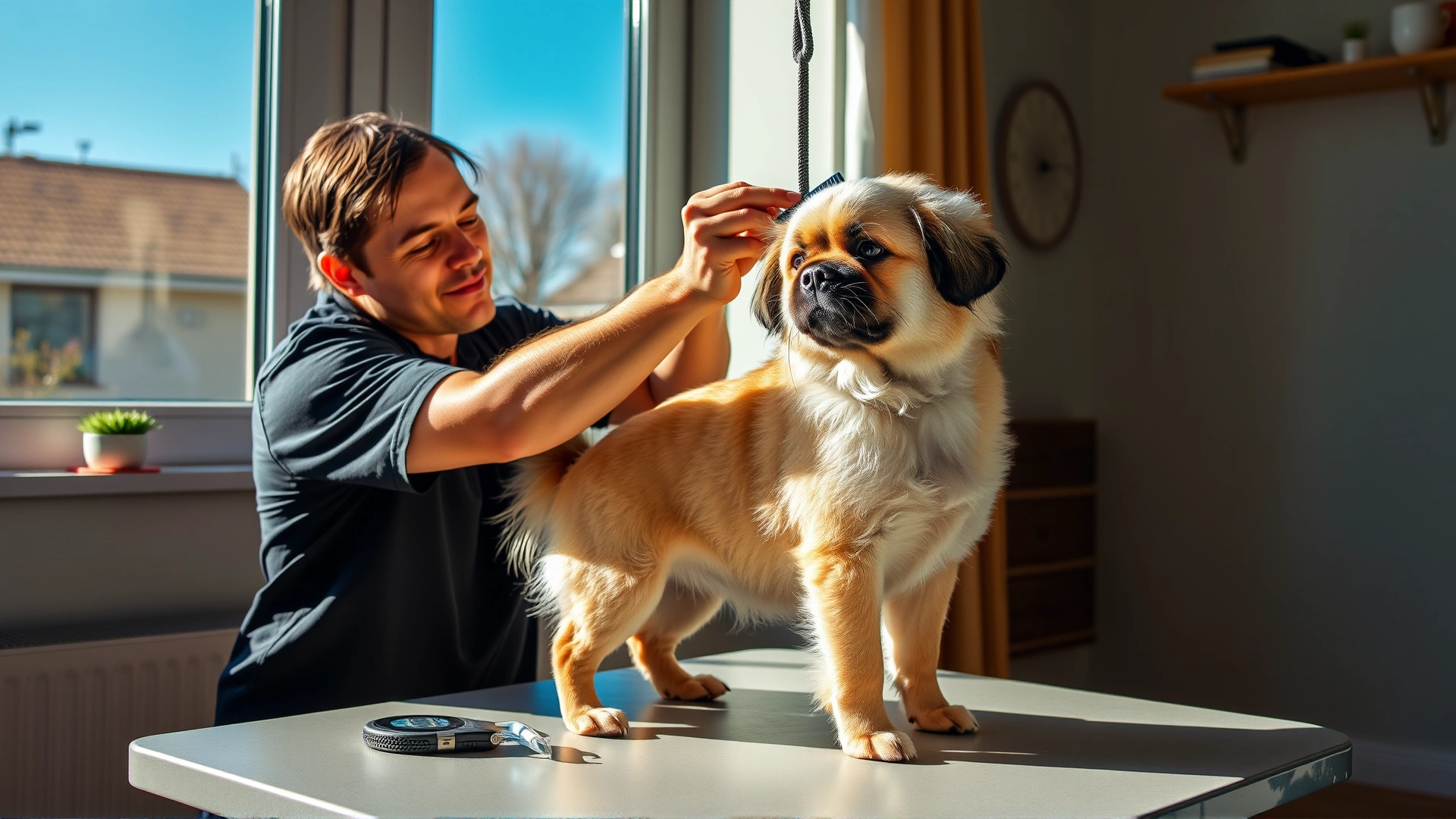 Owner brushing a short-haired Puggle on a home grooming table beside a sunny window.