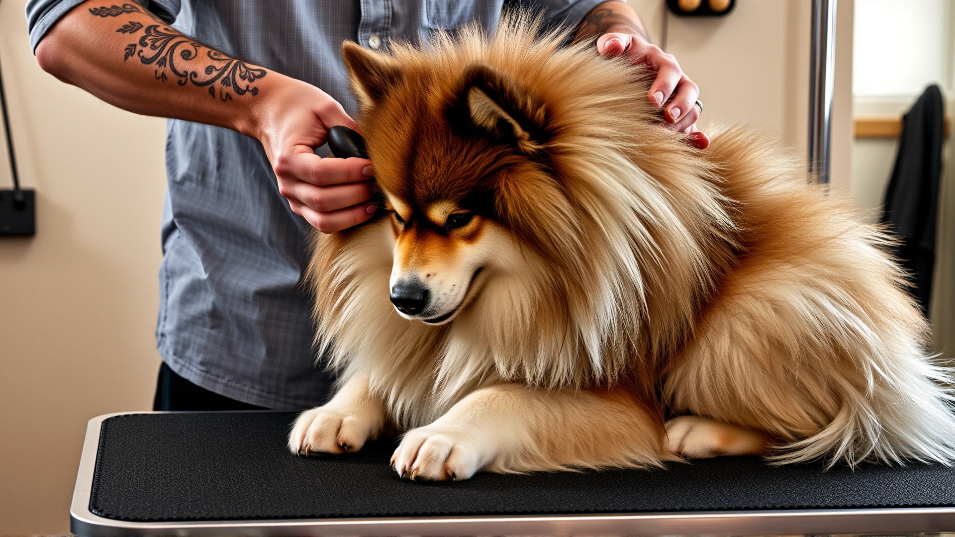 Owner gently brushing the thick double coat of a Samoyed dog on a grooming table indoors