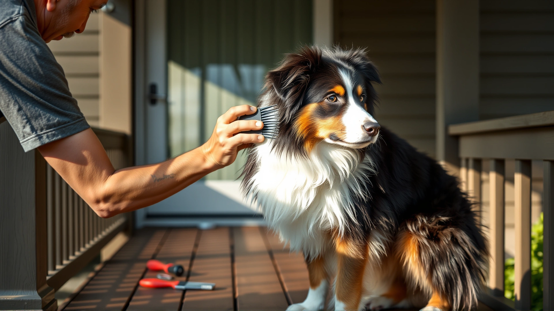 Owner gently brushing an Australian Shepherd’s thick coat on a wooden porch, grooming tools visible, soft afternoon light.