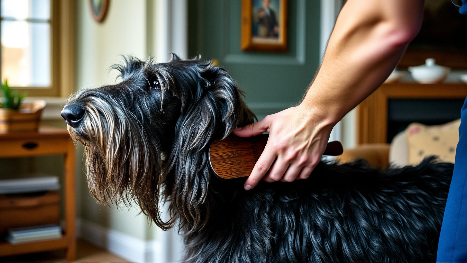 Owner gently brushing a Scottish Deerhound's rough coat in a cozy home environment.