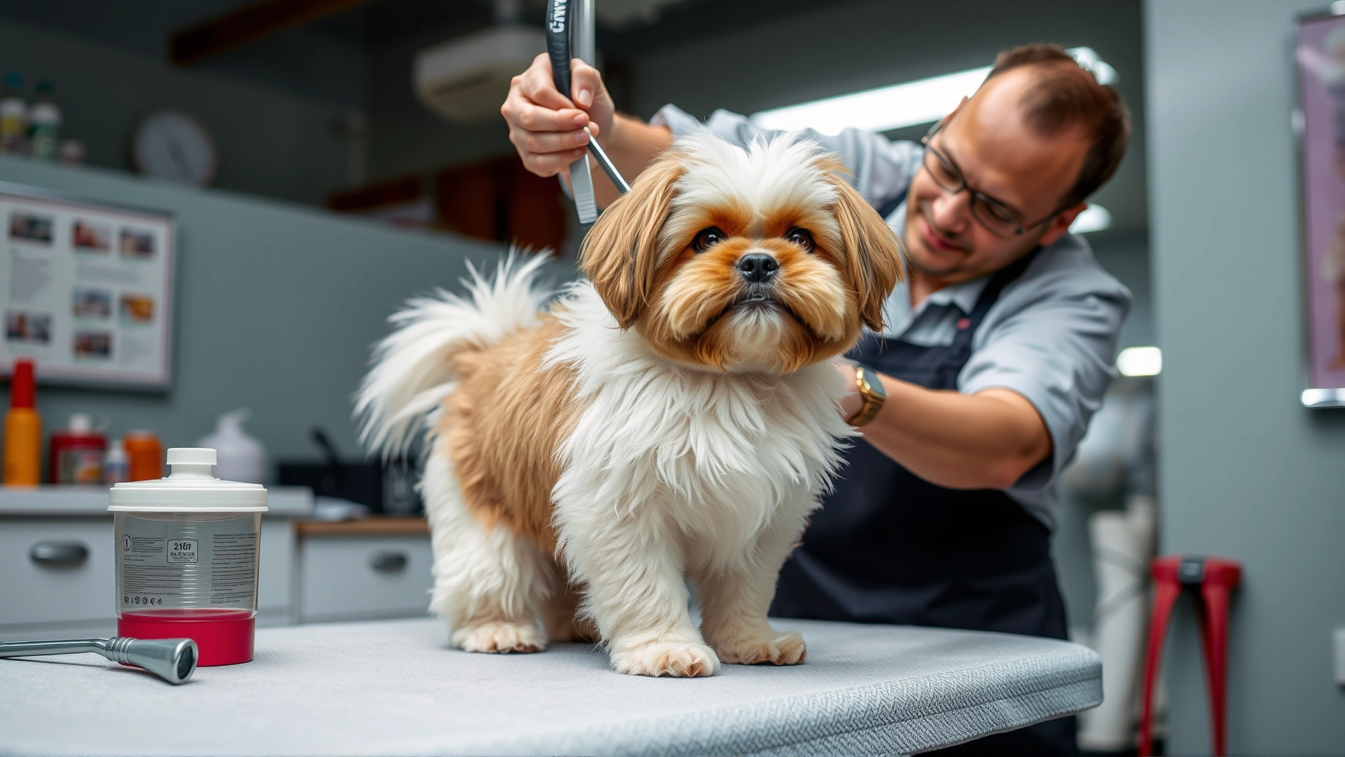 Professional groomer brushing a fluffy Shichon on a grooming table.