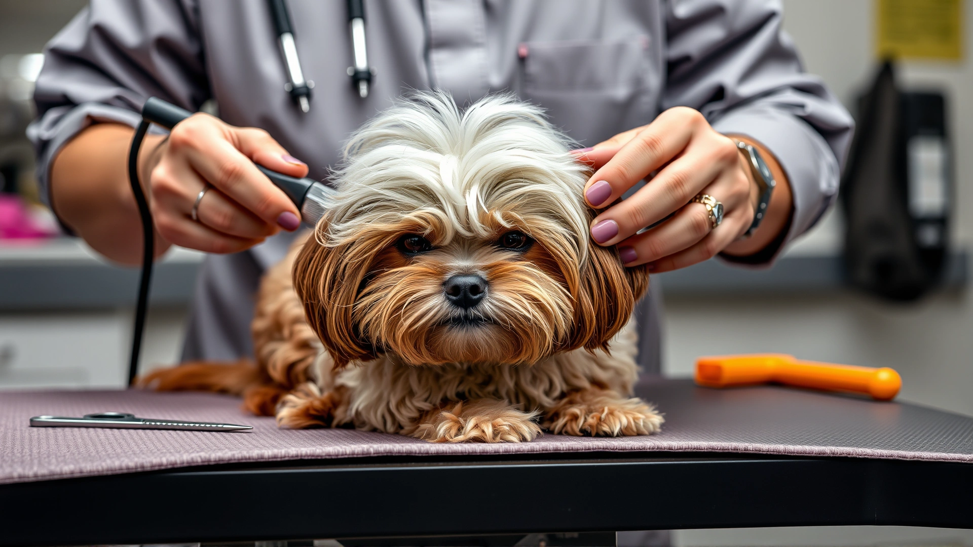 Professional groomer brushing a wavy-coated Shih-Poo on a grooming table, tools visible but no text.