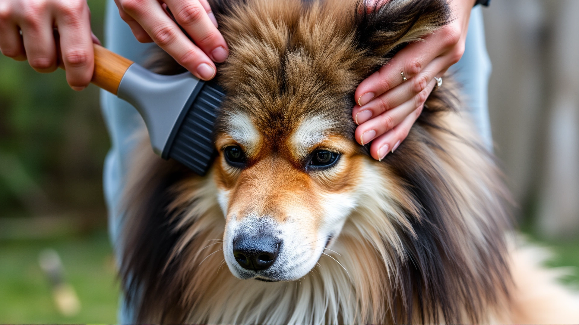 Close-up of hands brushing the thick double coat of a Shikoku dog outdoors during shedding season.