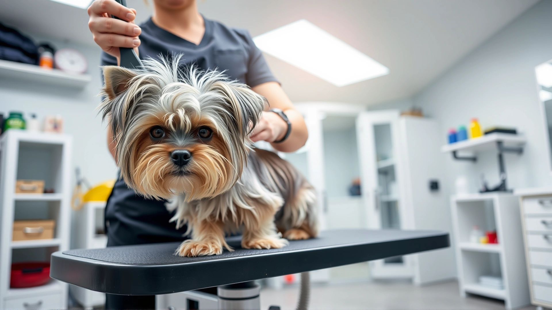 A Shorkie on a grooming table being brushed by a professional groomer in a well-lit salon, clean and organized environment.