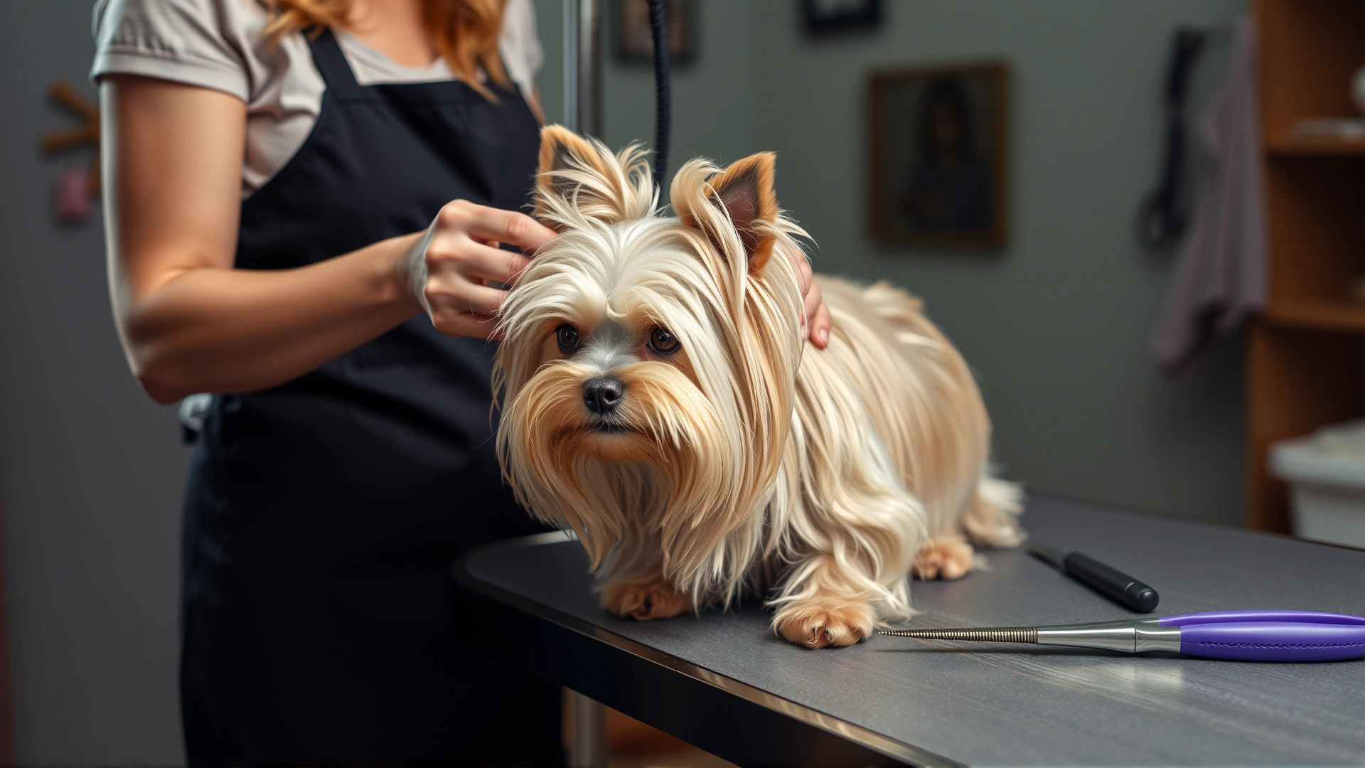 Indoor photo of a pet owner gently brushing a Silky Terrier's long silky coat on a grooming table with grooming tools nearby.