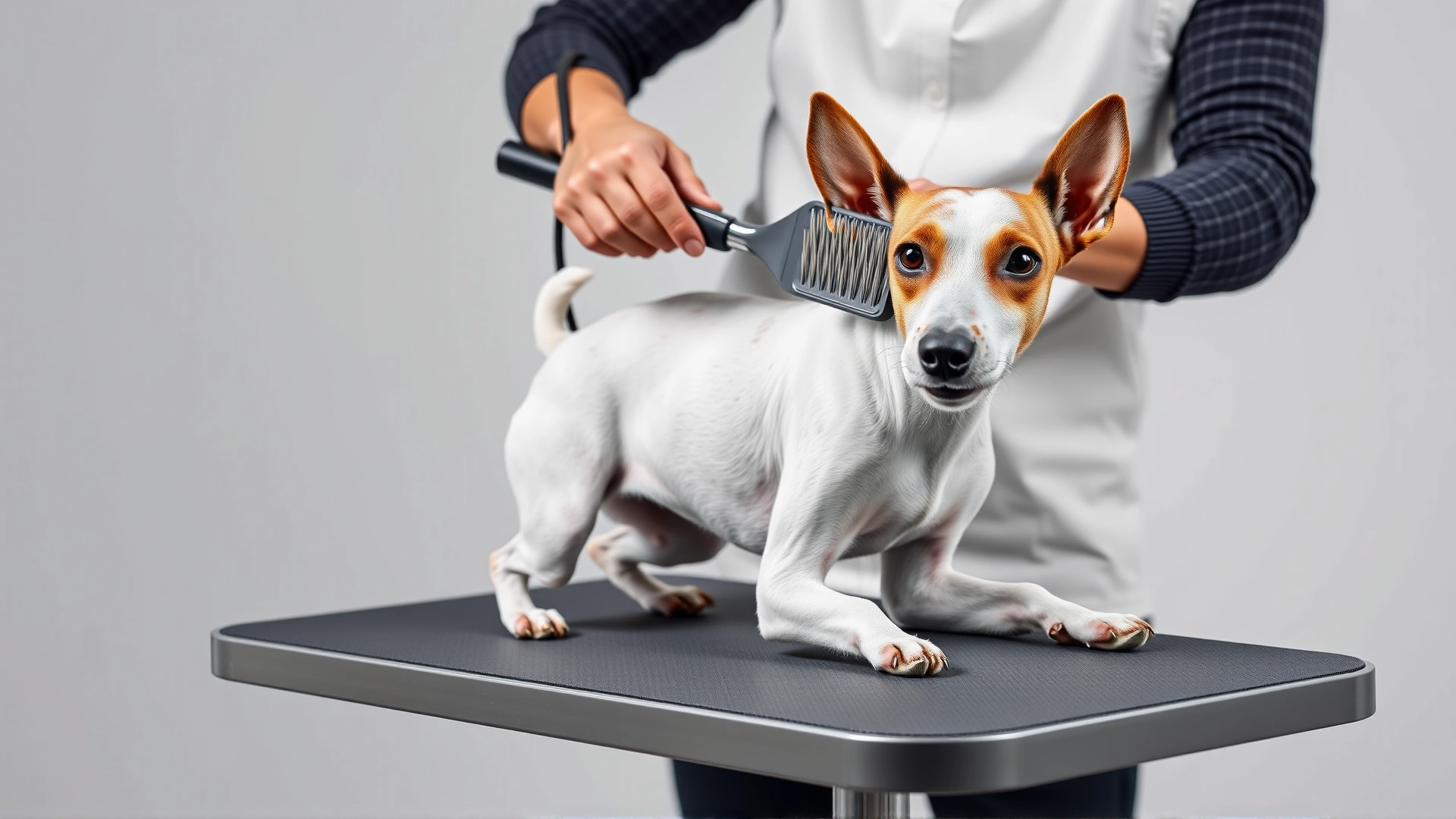 Owner gently brushing the short coat of a Smooth Fox Terrier on a grooming table, minimalistic background, well lit studio